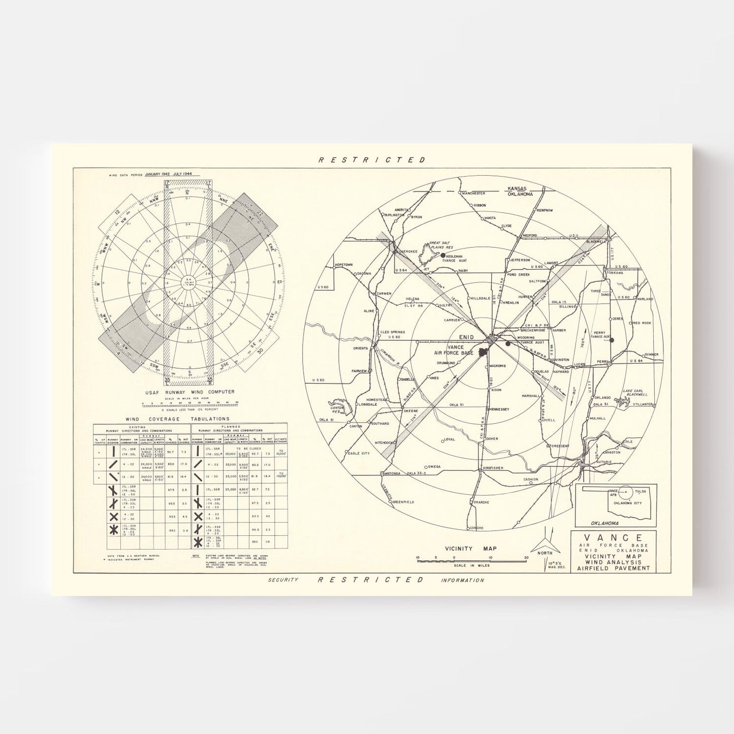 Vintage Map of Vance Air Force Base Vicinity, Enid, Oklahoma, 1952