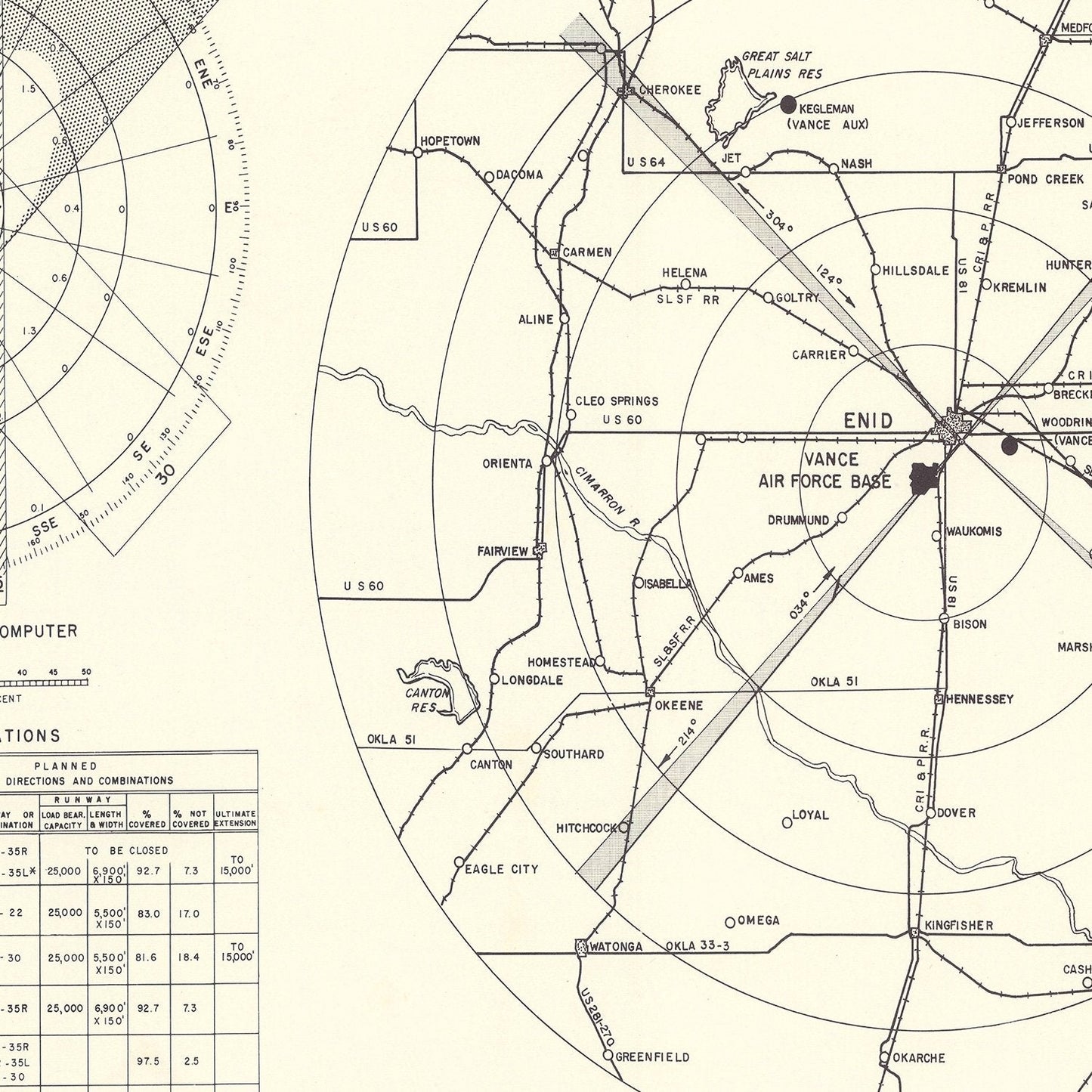 Vintage Map of Vance Air Force Base Vicinity, Enid, Oklahoma, 1952