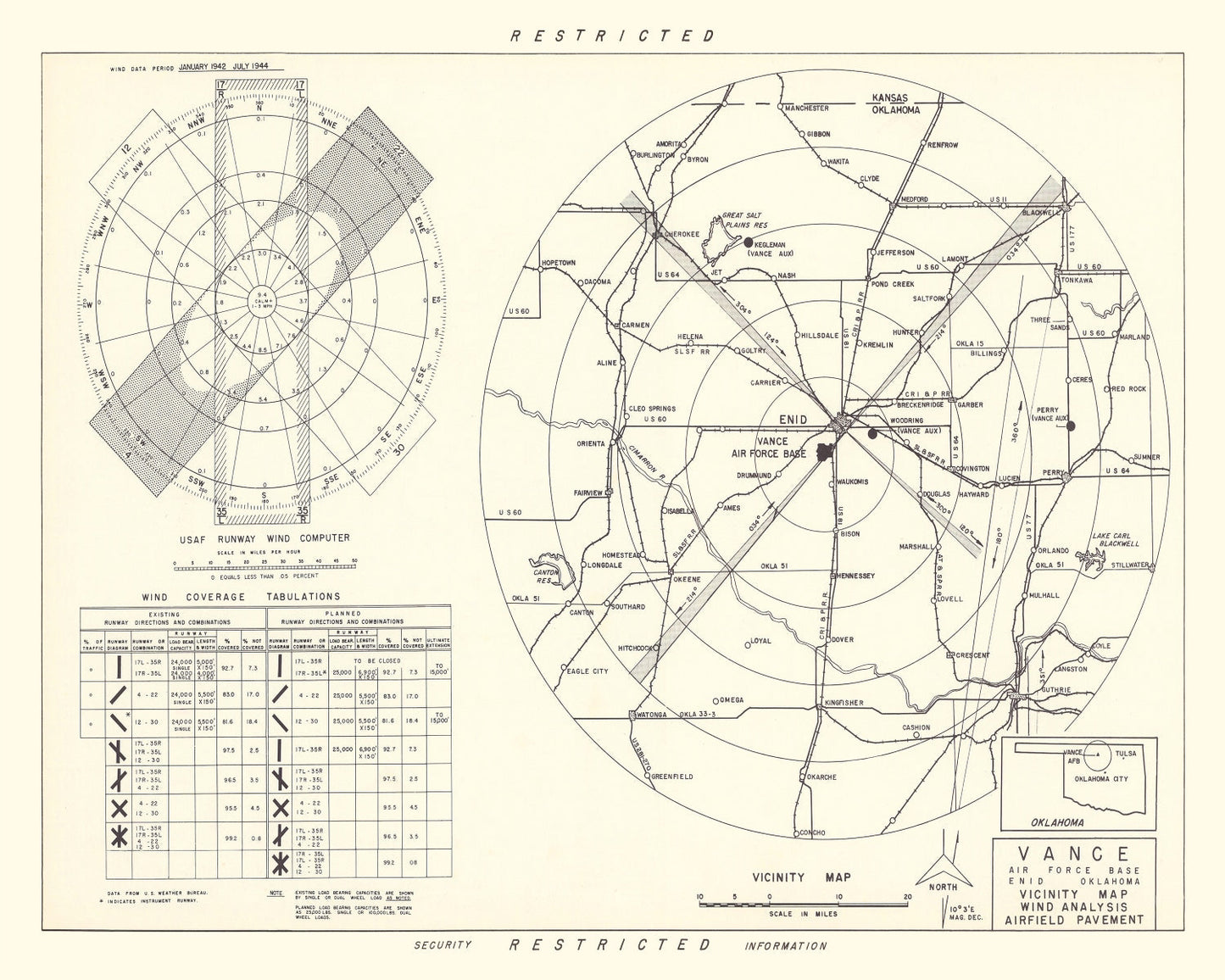 Vintage Map of Vance Air Force Base Vicinity, Enid, Oklahoma, 1952