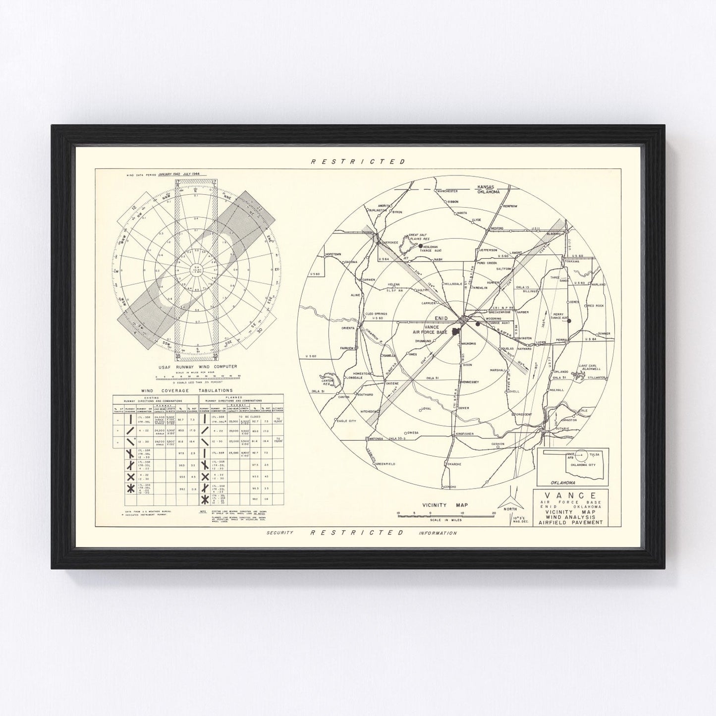 vintage map of Vance Air Force Base vicinity, Enid, Oklahoma, 1952