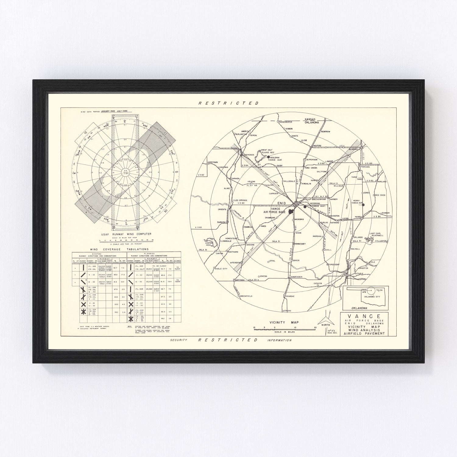 vintage map of Vance Air Force Base vicinity, Enid, Oklahoma, 1952