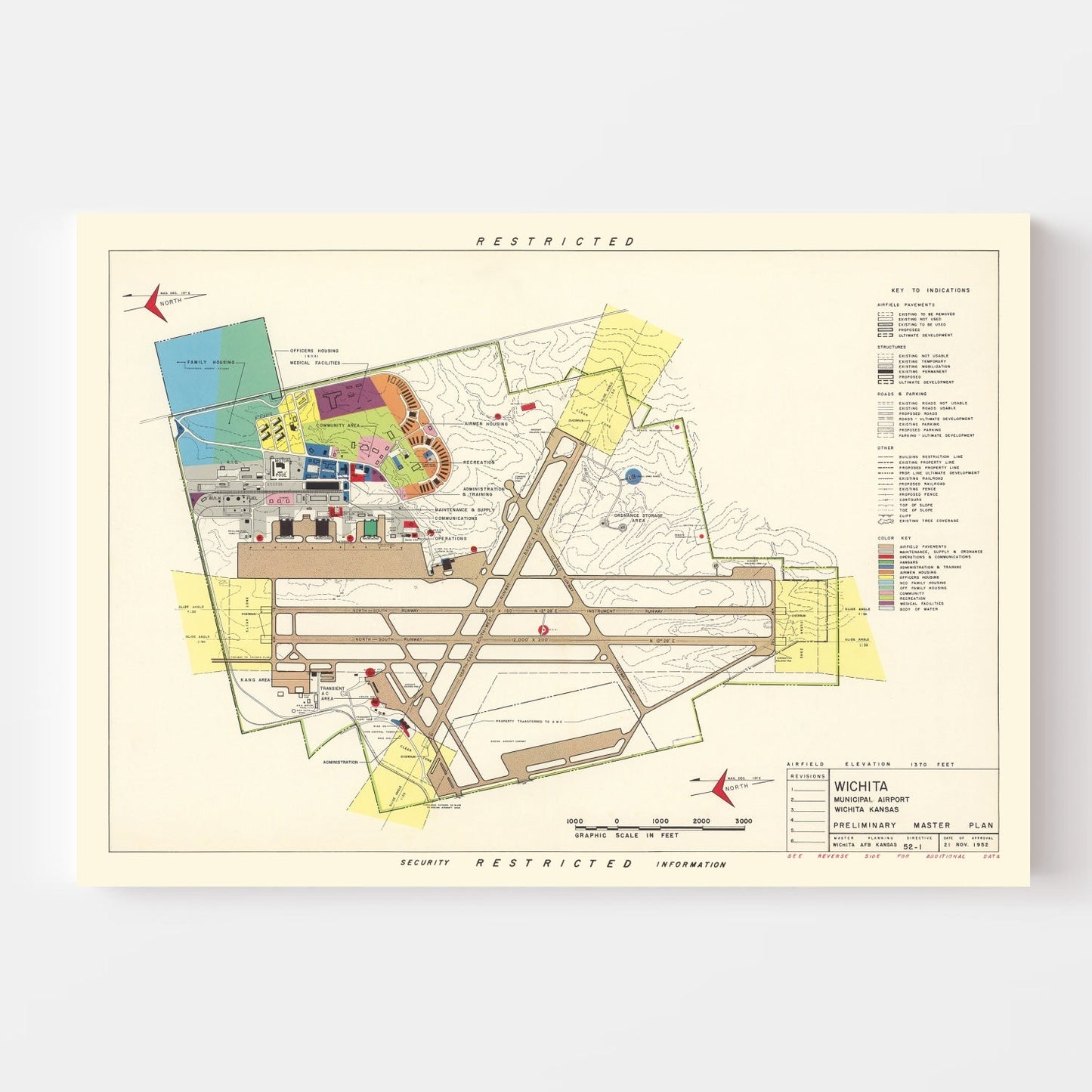 Vintage Map of Wichita Municipal Airport, Kansas, 1952