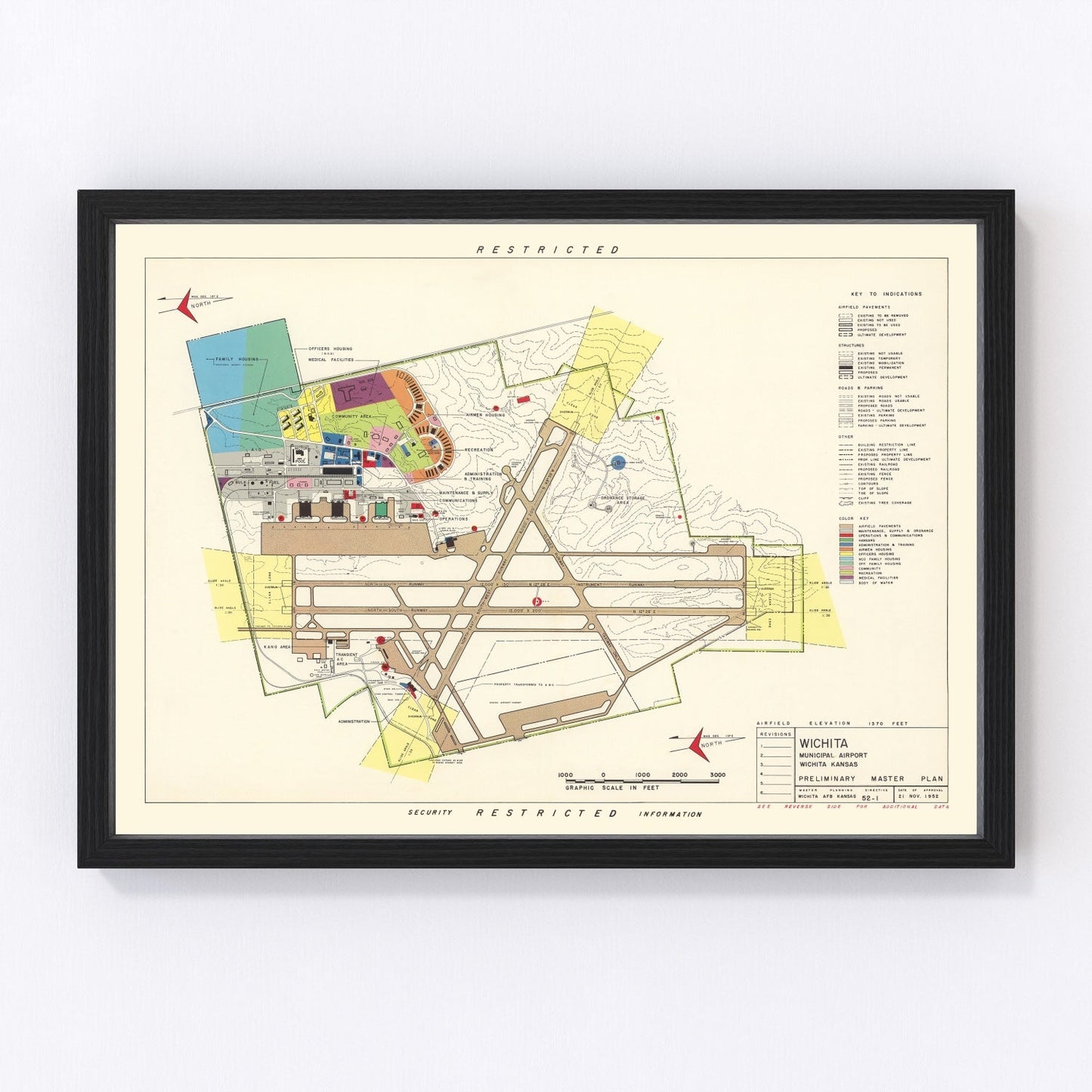 Vintage map of Wichita Municipal Airport, Kansas, 1952, aviation hub runways