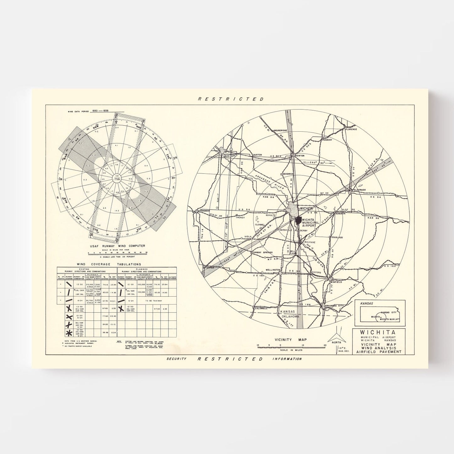 Vintage Map of Wichita Municipal Airport Vicinity, 1952