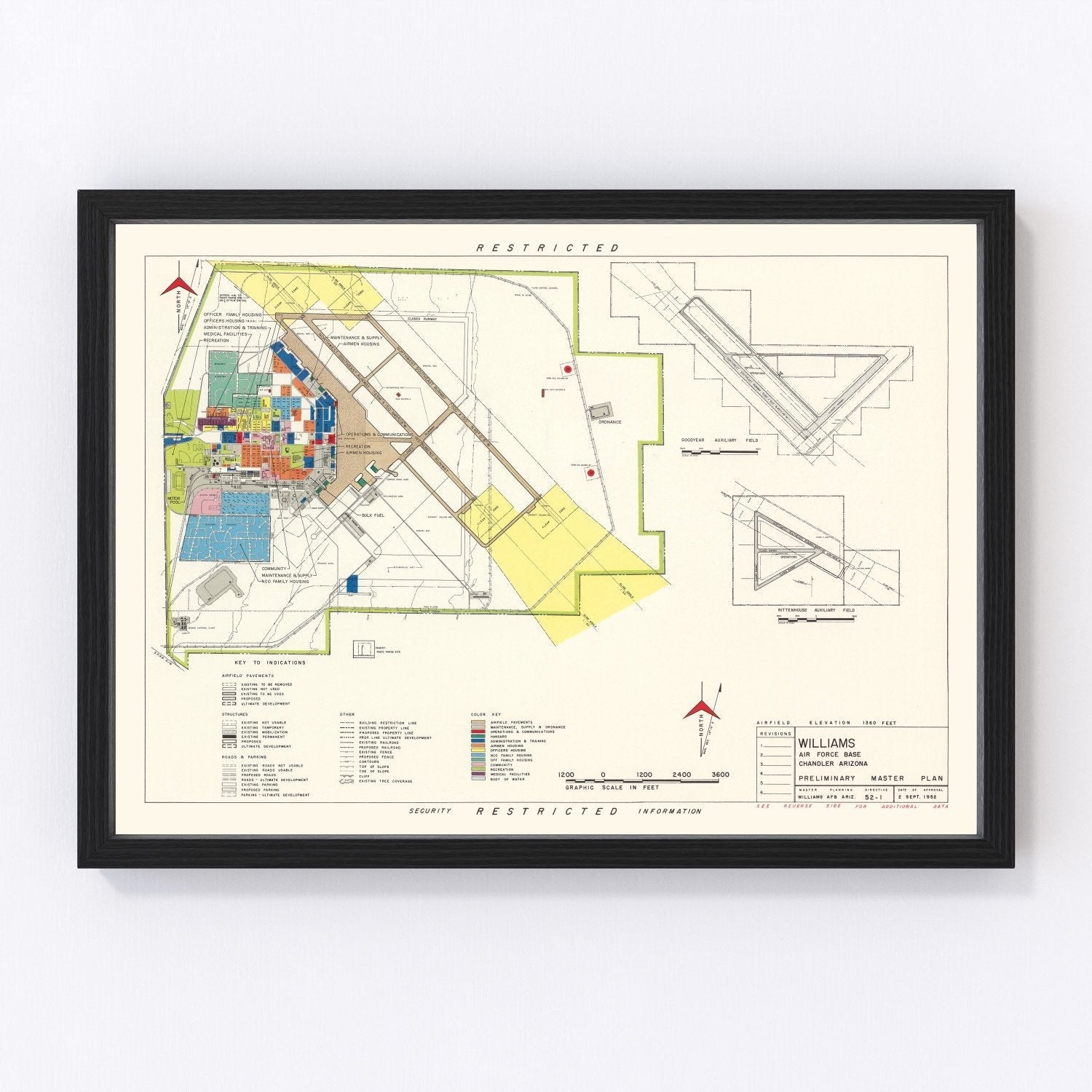 Vintage map of Williams Air Force Base, Arizona, 1952, military installation layout