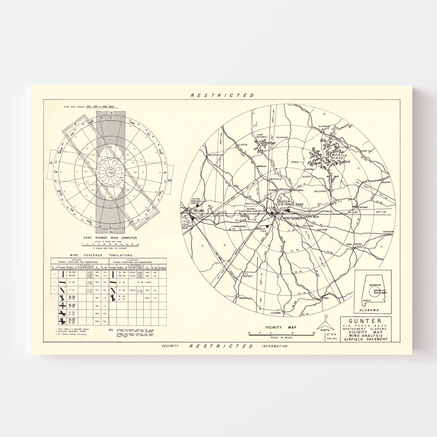Vintage Map of Gunter Air Force Base Vicinity, Alabama, 1952
