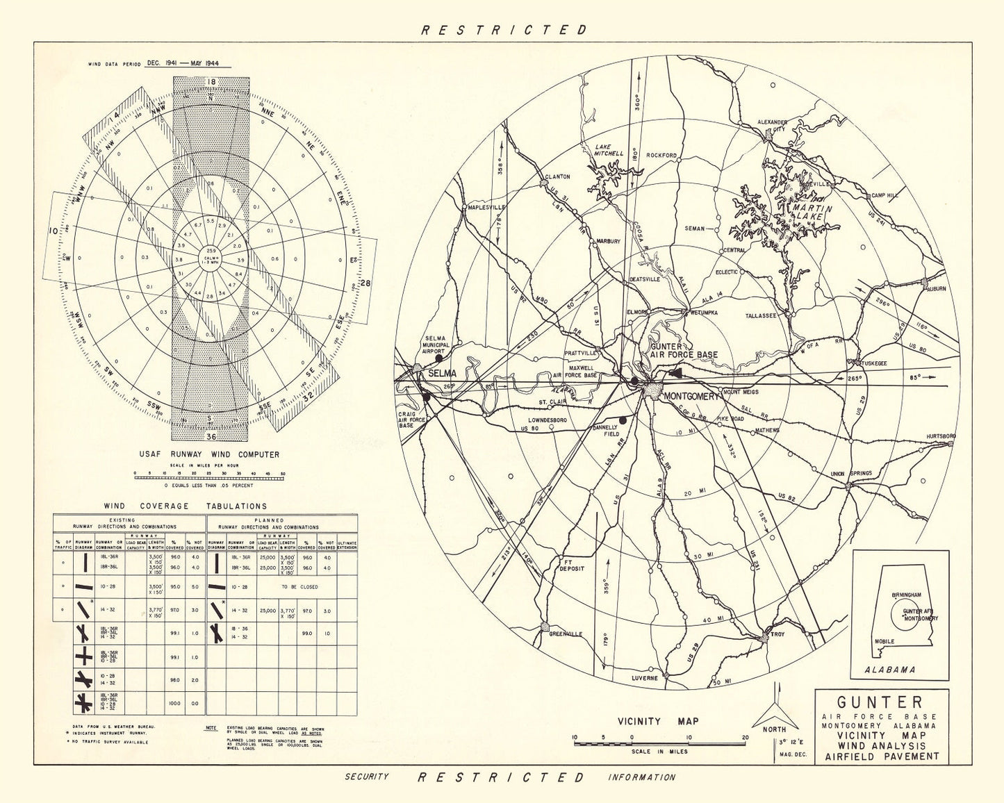 Vintage Map of Gunter Air Force Base Vicinity, Alabama, 1952