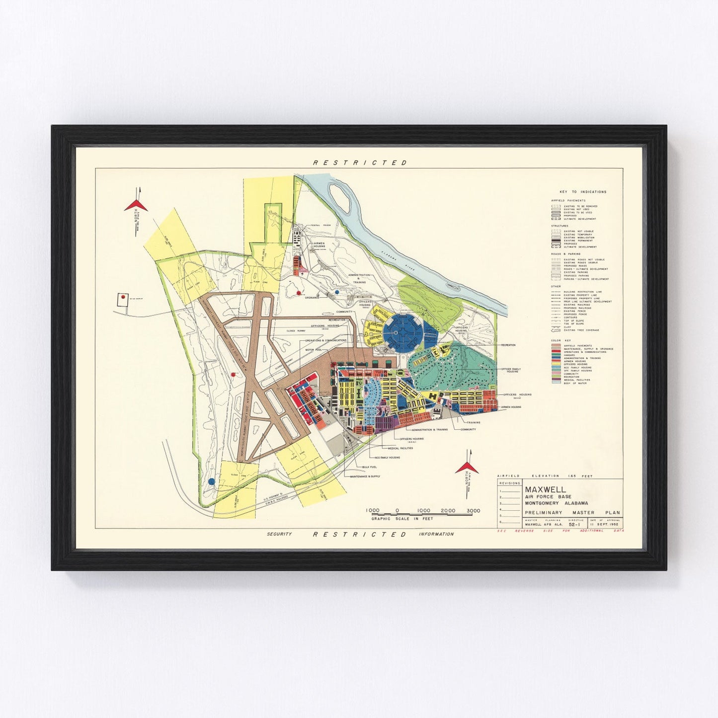 Vintage map of Maxwell Air Force Base, Montgomery, Alabama, 1952