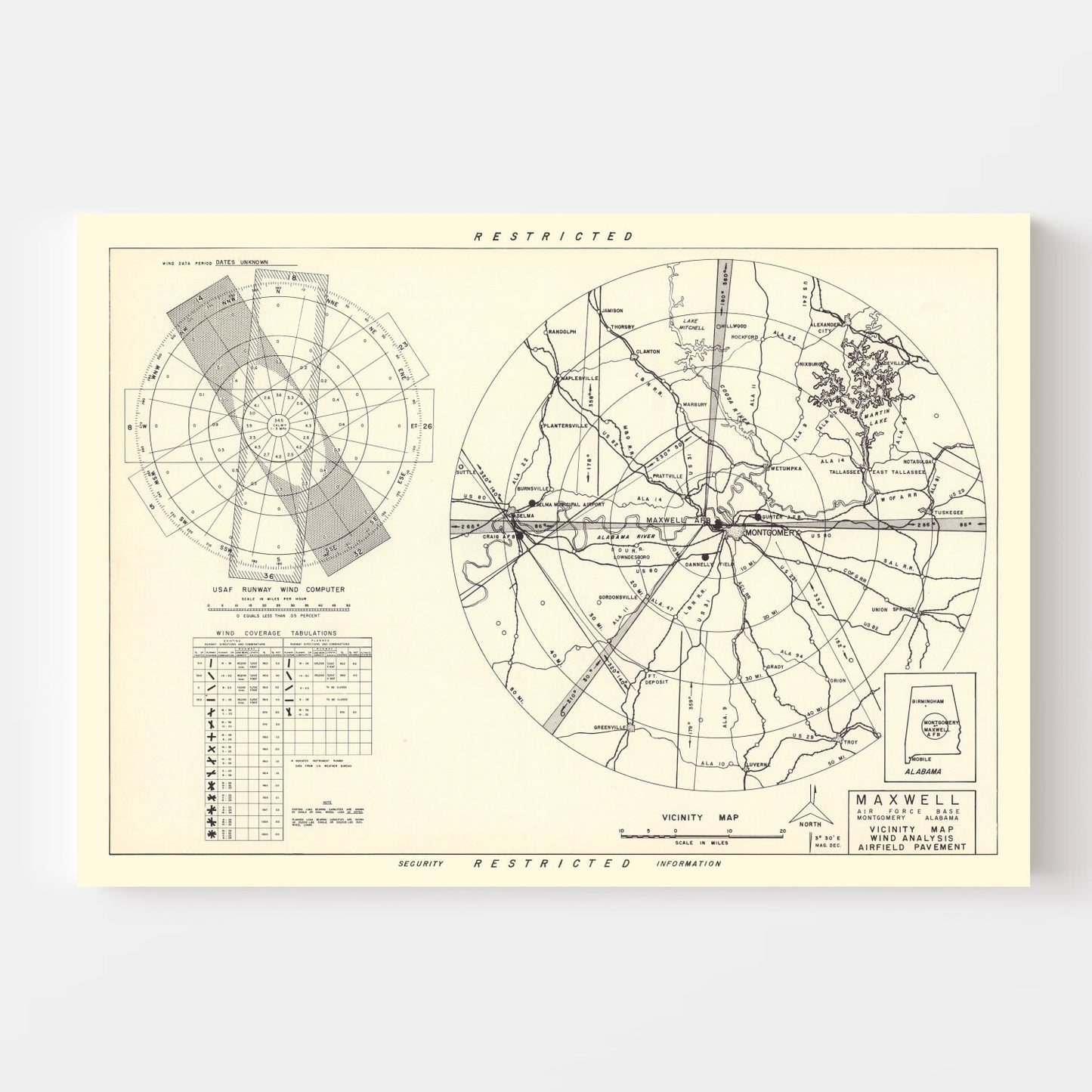 Vintage Map of Maxwell Air Force Base Vicinity, Alabama, 1952