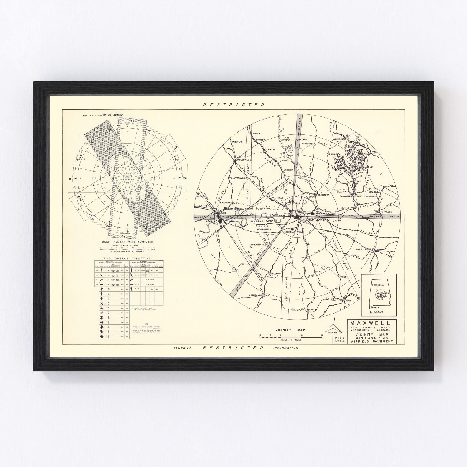 vintage map of Maxwell Air Force Base vicinity, Montgomery, Alabama, 1952
