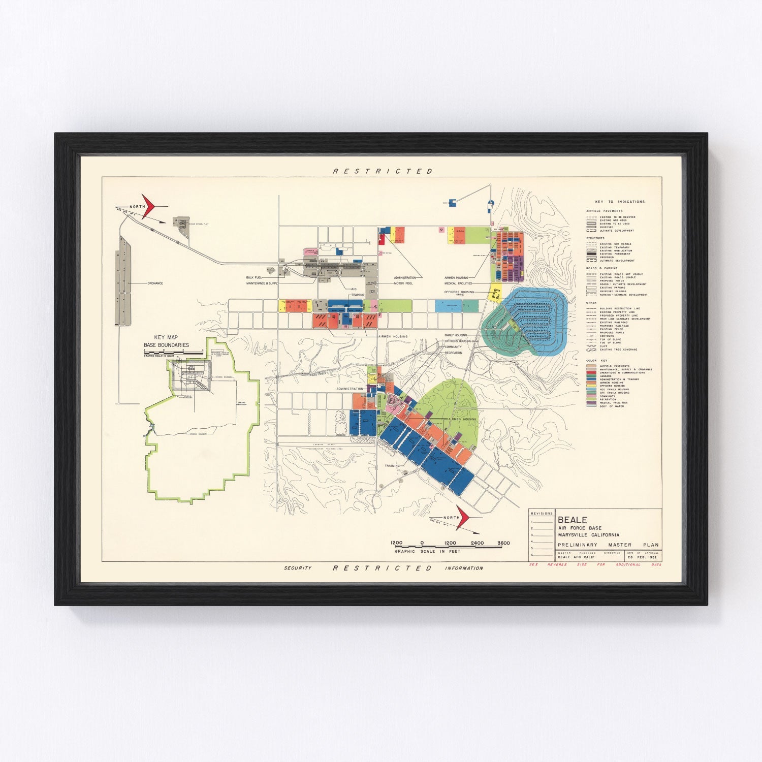 Vintage map of Beale Air Force Base, California, 1952