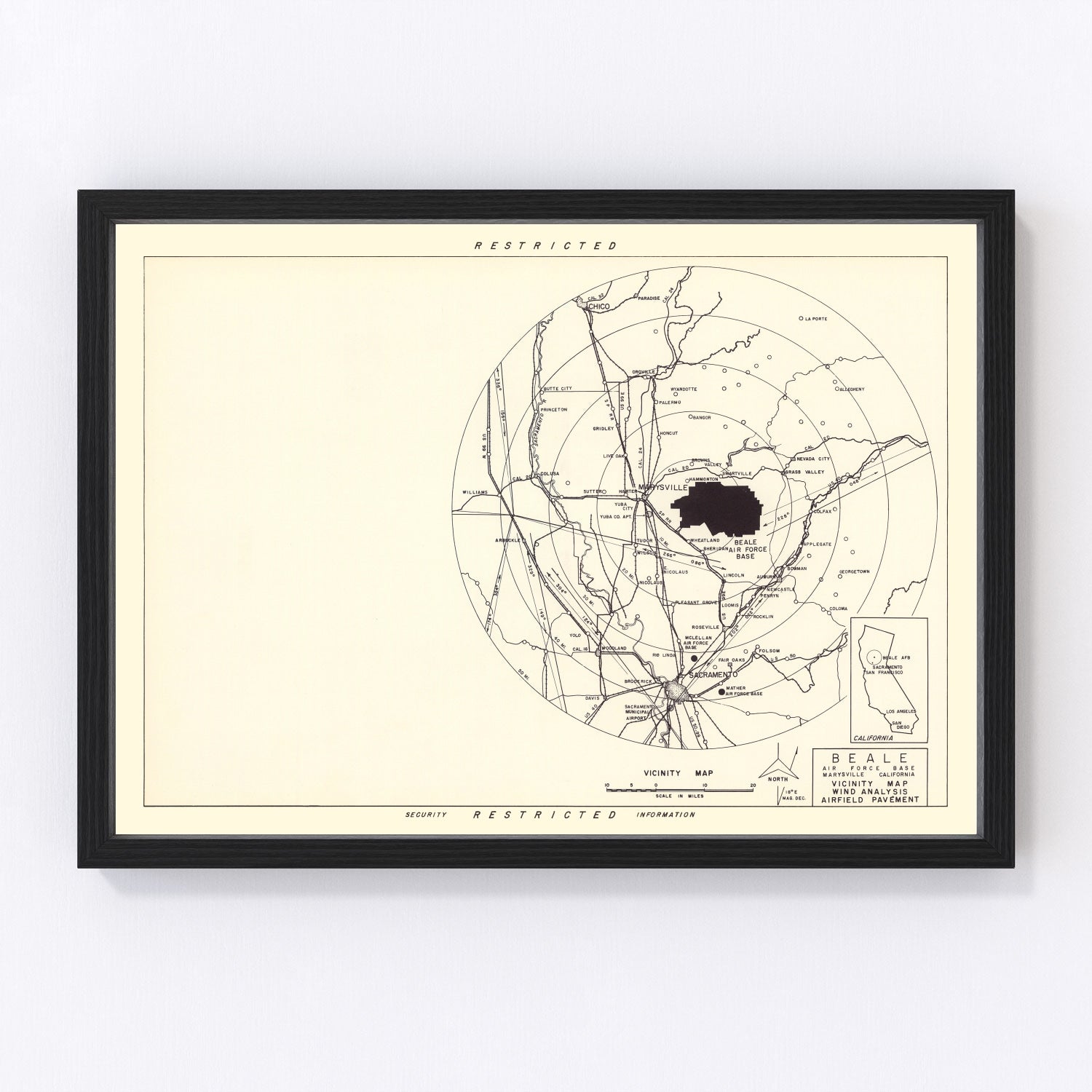 Vintage map of Beale Air Force Base vicinity, California, 1952
