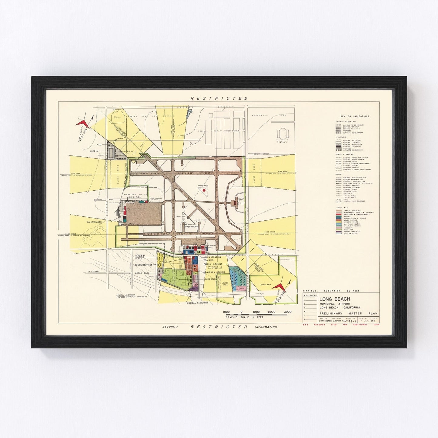 vintage map of Long Beach Municipal Airport, California, 1952