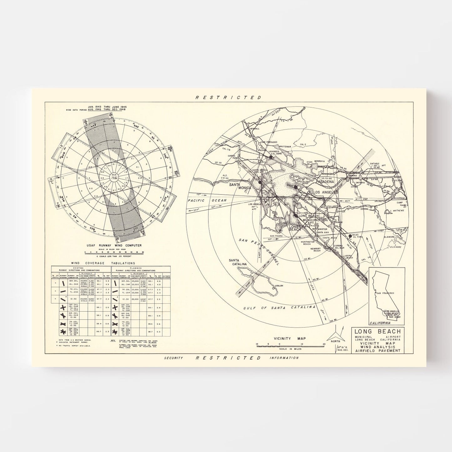 Vintage Map of Long Beach Municipal Airport Vicinity, 1952