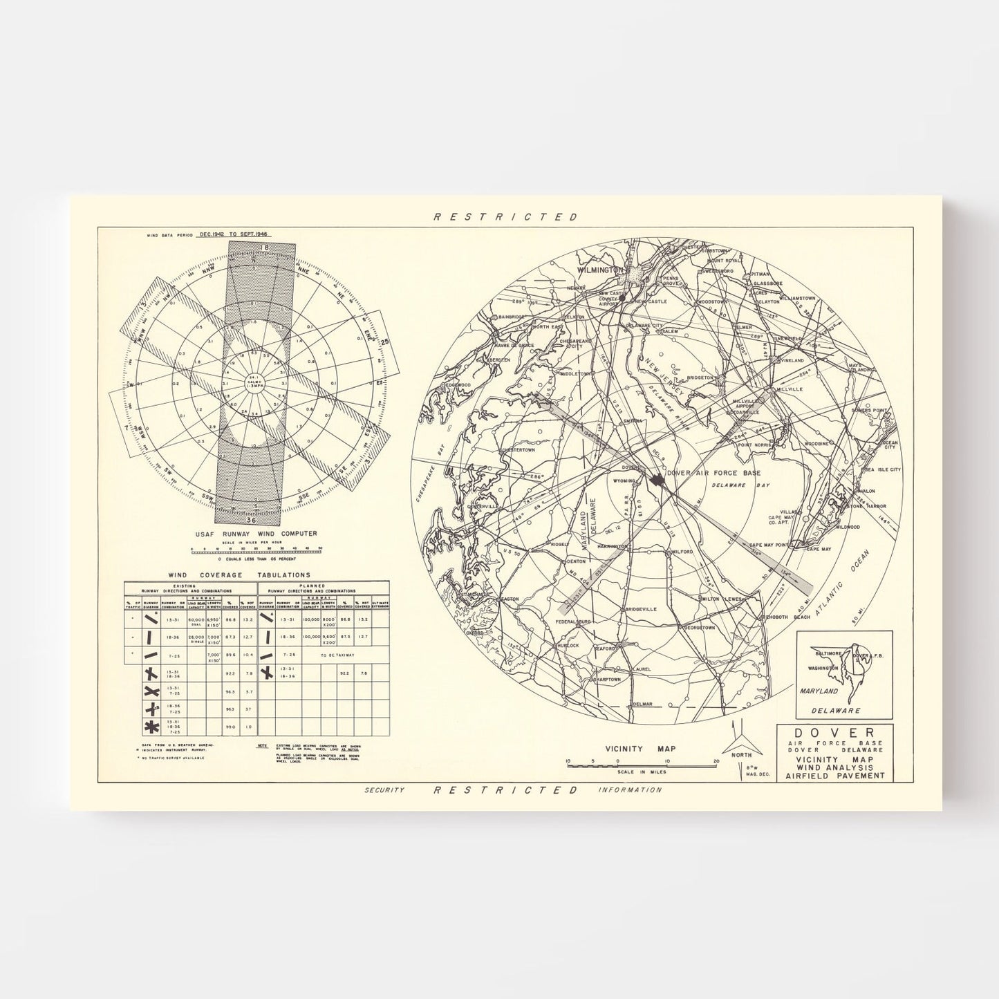 Vintage Map of Dover Air Force Base Vicinity, Delaware 1952