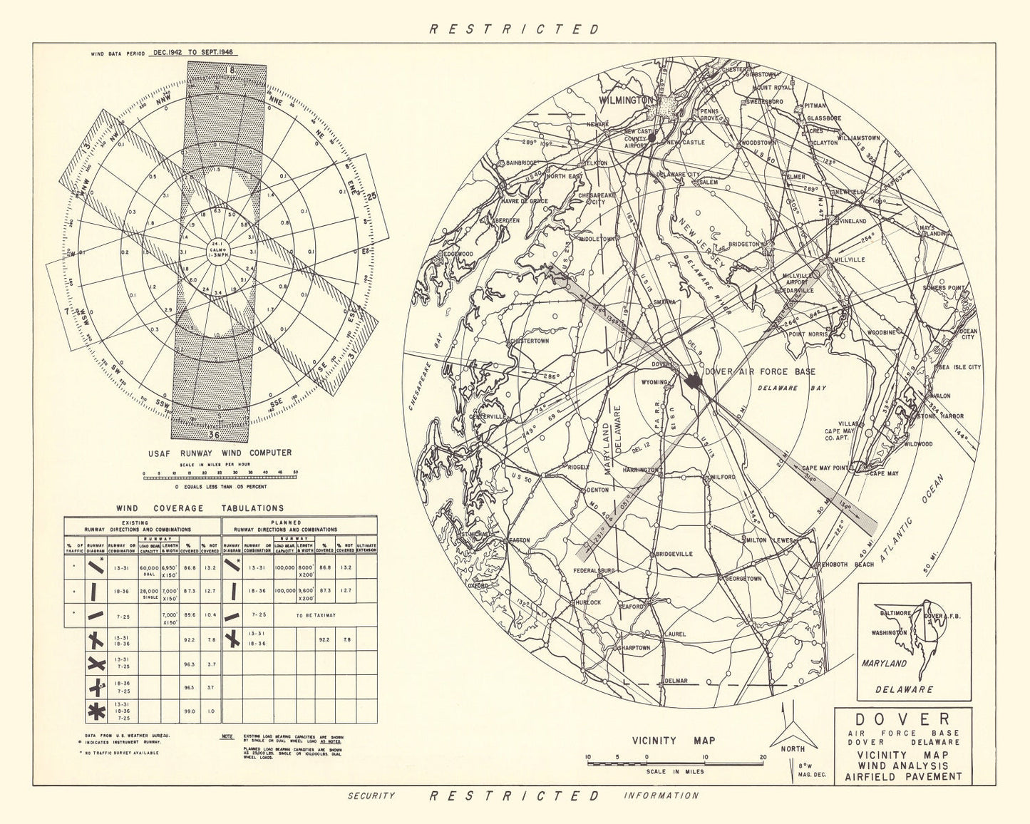 Vintage Map of Dover Air Force Base Vicinity, Delaware 1952