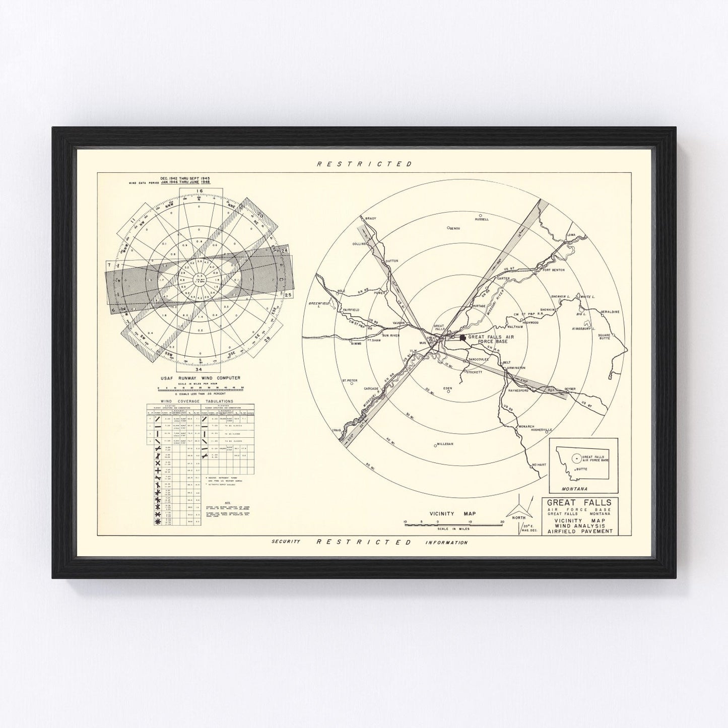 vintage map of Great Falls Air Force Base vicinity, Montana, 1951