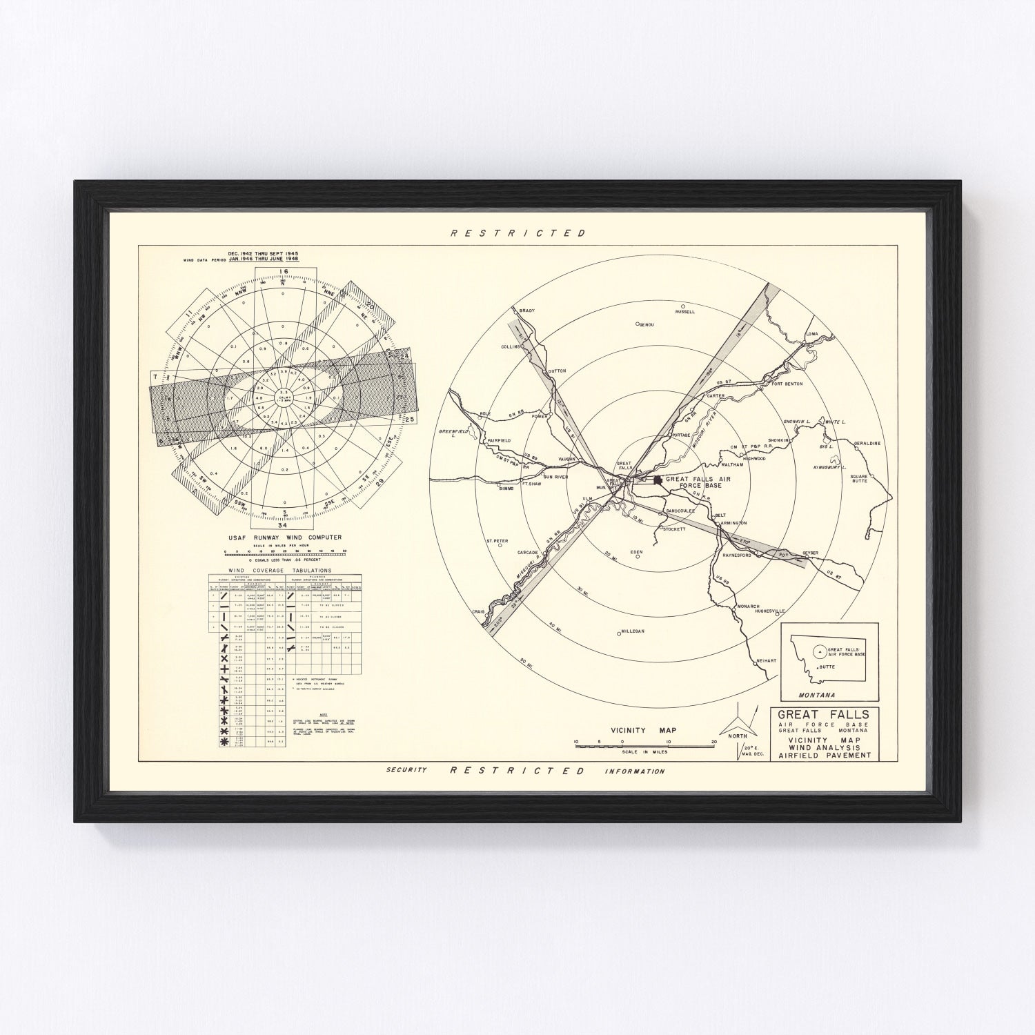 vintage map of Great Falls Air Force Base vicinity, Montana, 1951