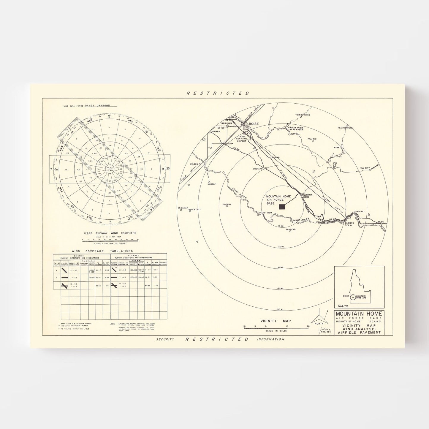 Vintage Map of Mountain Home Air Force Base Vicinity, Idaho, 1952