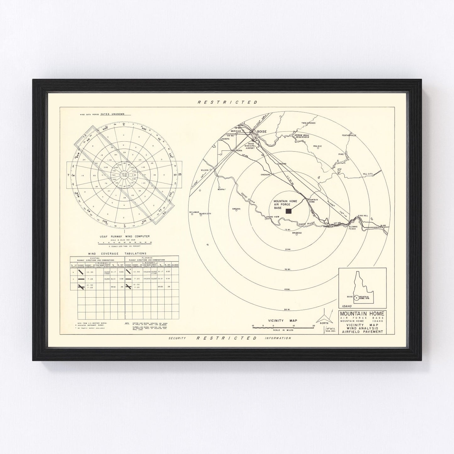 vintage map of Mountain Home Air Force Base vicinity, Idaho, 1952