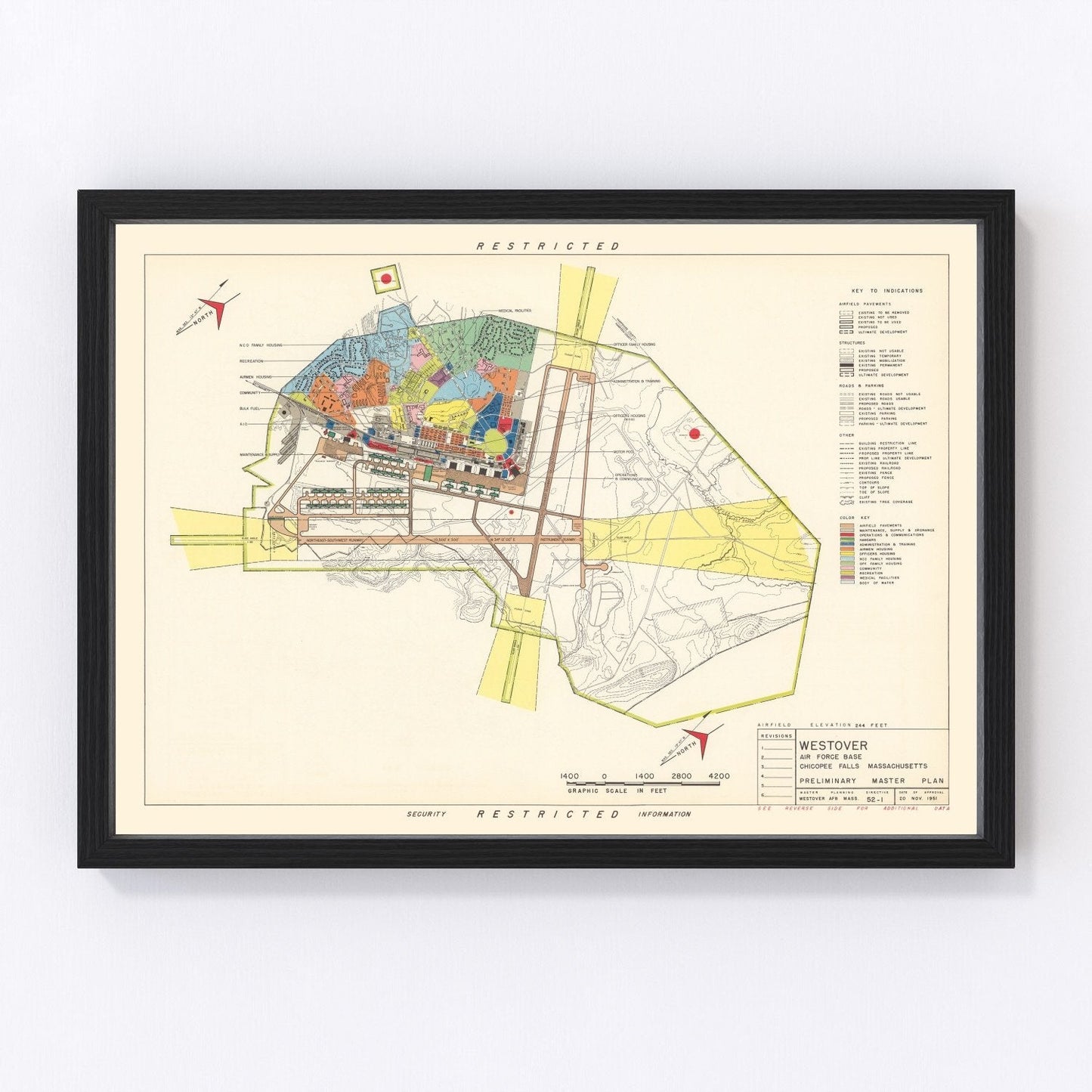 Vintage map of Westover Air Force Base, Massachusetts, 1951, Cold War SAC airfield