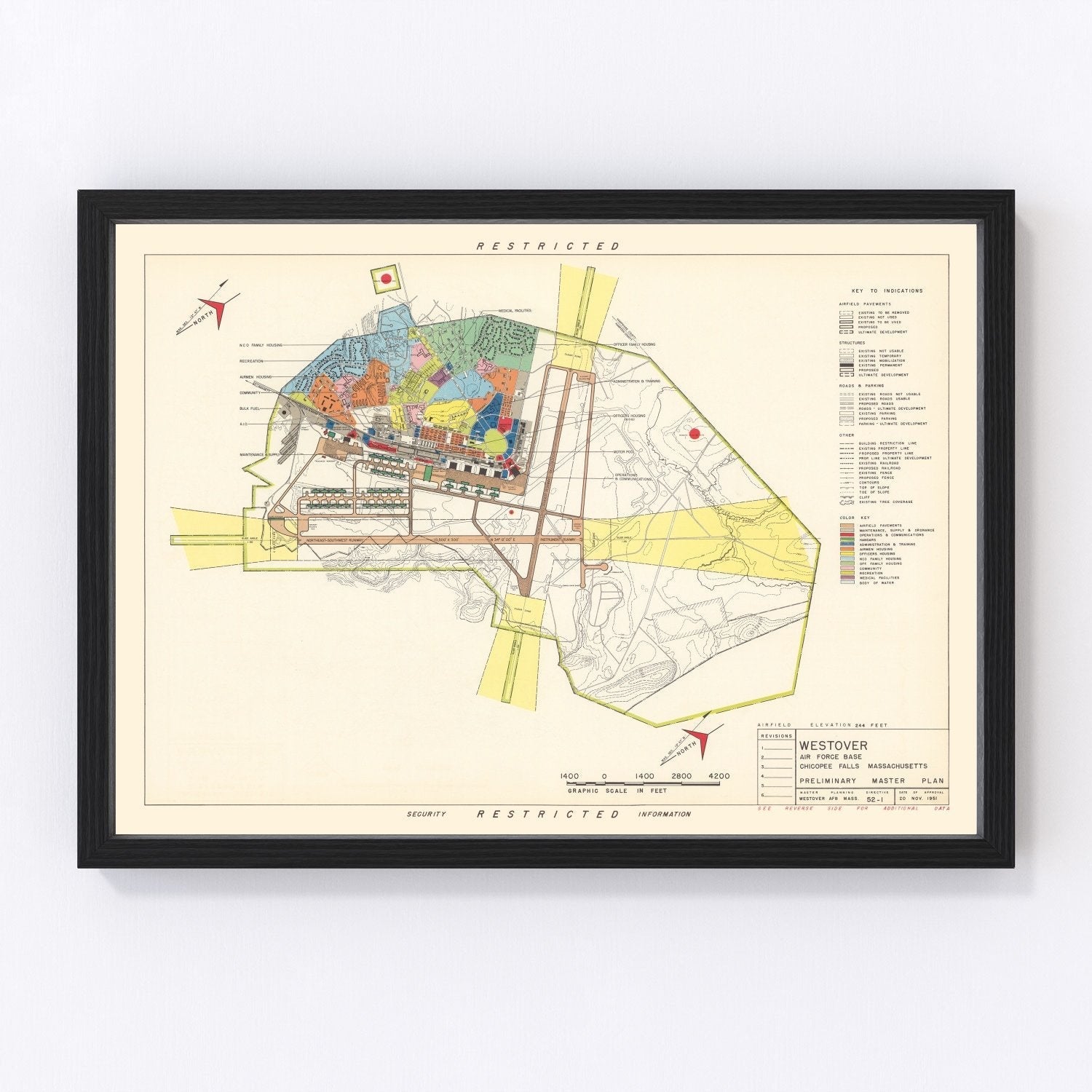 Vintage map of Westover Air Force Base, Massachusetts, 1951, Cold War SAC airfield