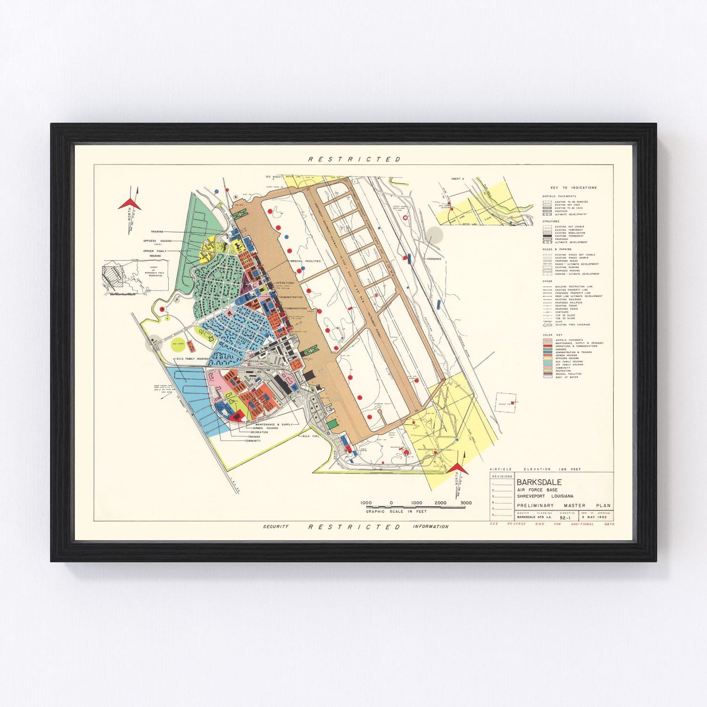 Vintage map of Barksdale Air Force Base, Louisiana, 1952