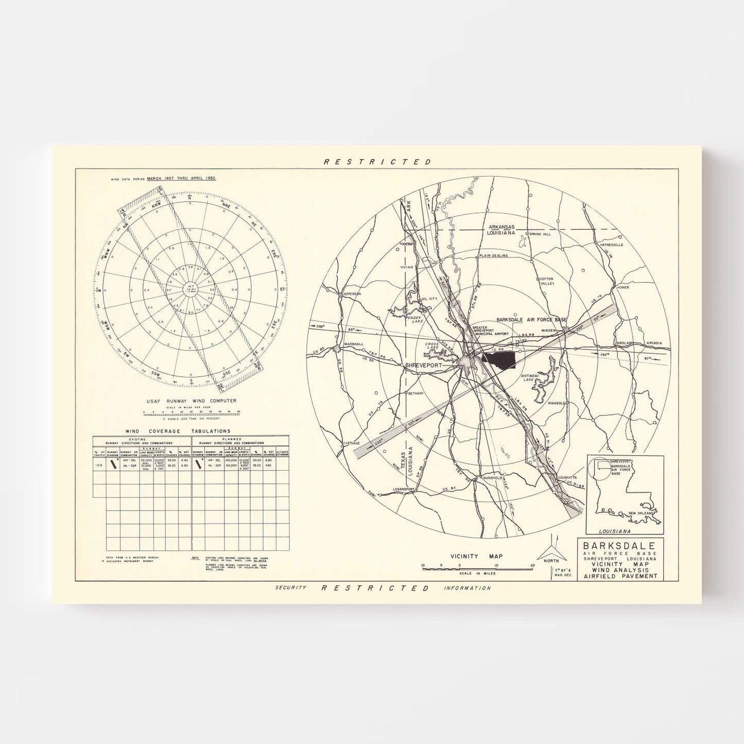 Vintage Map of Barksdale Air Force Base Vicinity, Louisiana, 1952