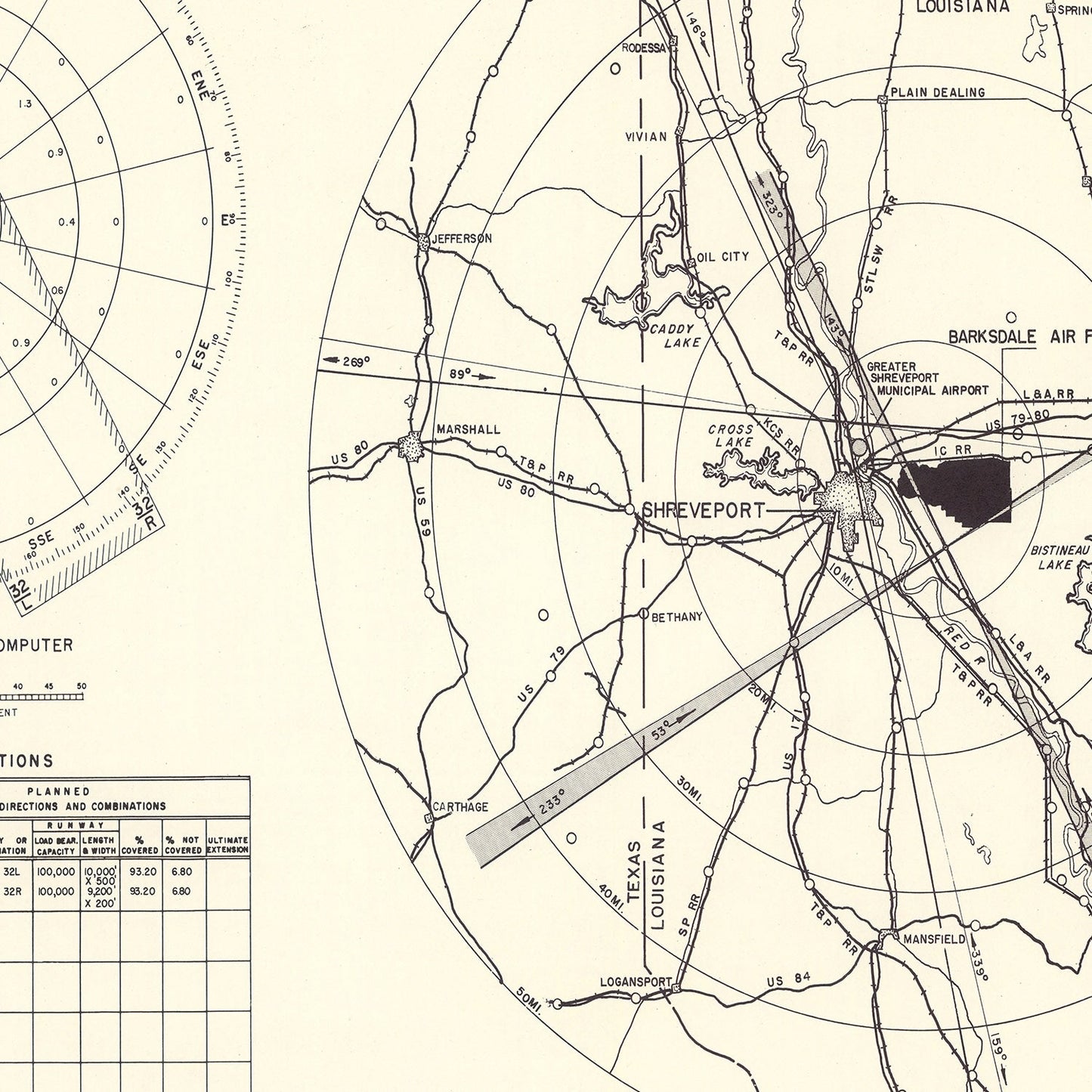 Vintage Map of Barksdale Air Force Base Vicinity, Louisiana, 1952
