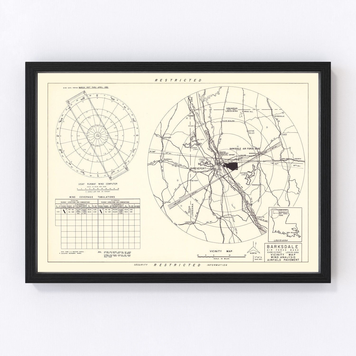 Vintage map of Barksdale Air Force Base vicinity, Louisiana, 1952