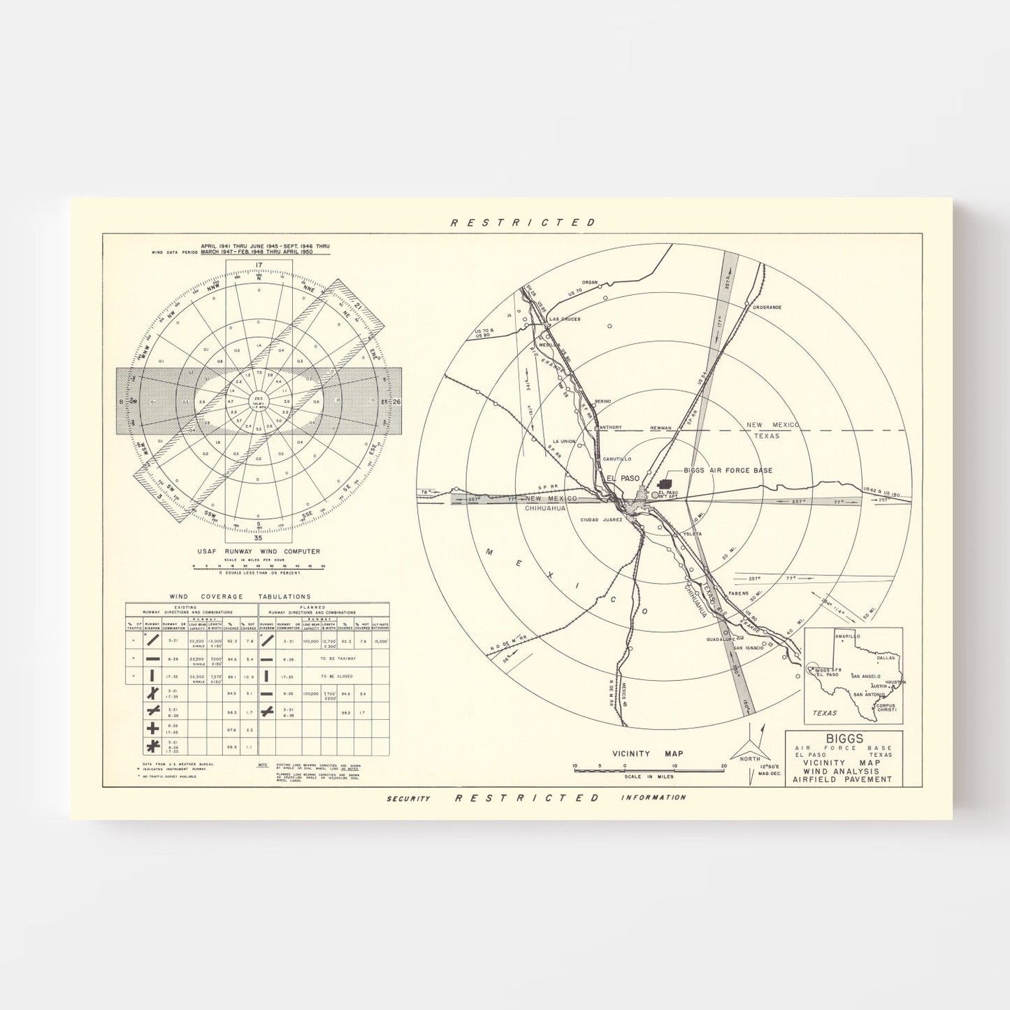 Vintage Map of Biggs Air Force Base Vicinity, Texas, 1951