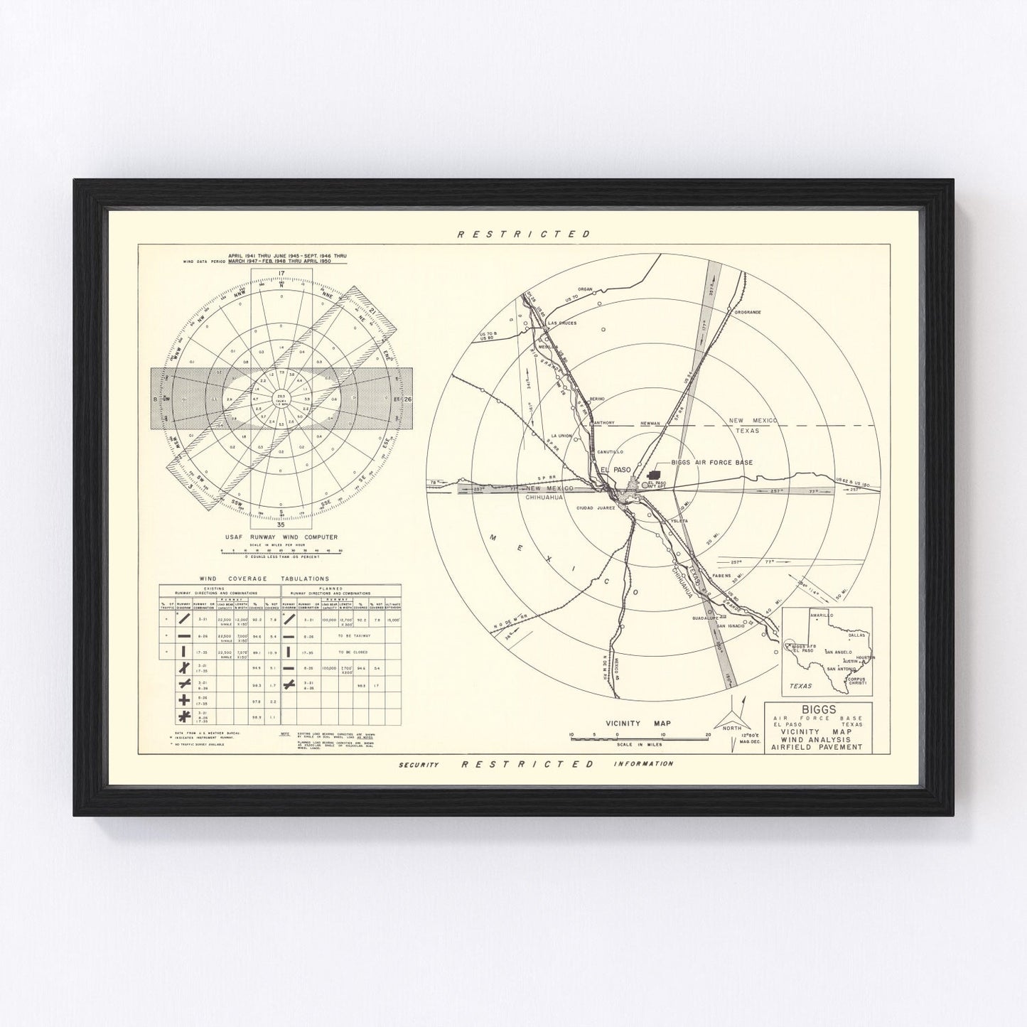 Vintage map of Biggs Air Force Base vicinity, El Paso, Texas, 1951