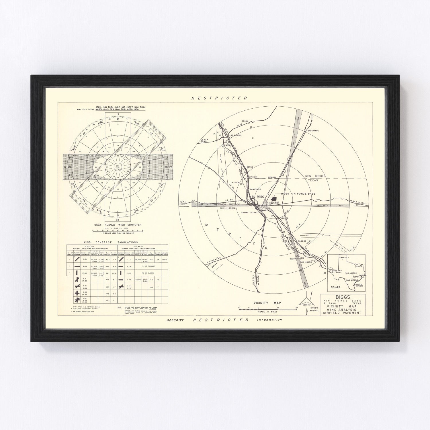 Vintage map of Biggs Air Force Base vicinity, El Paso, Texas, 1951