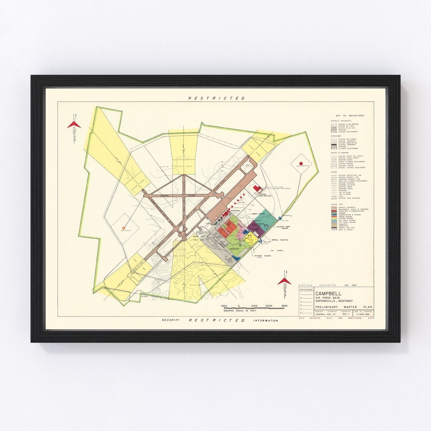 Vintage map of Campbell Air Force Base, 1952, digitally restored antique cartographic print
