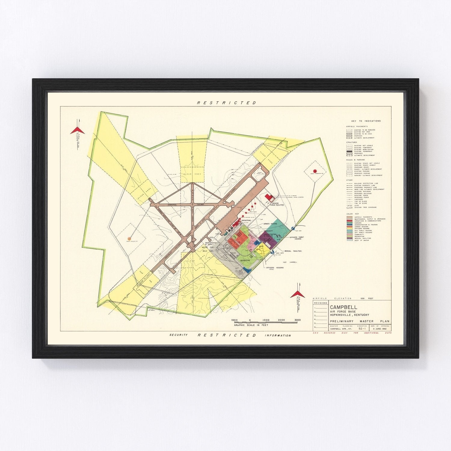 Vintage map of Campbell Air Force Base, 1952, digitally restored antique cartographic print