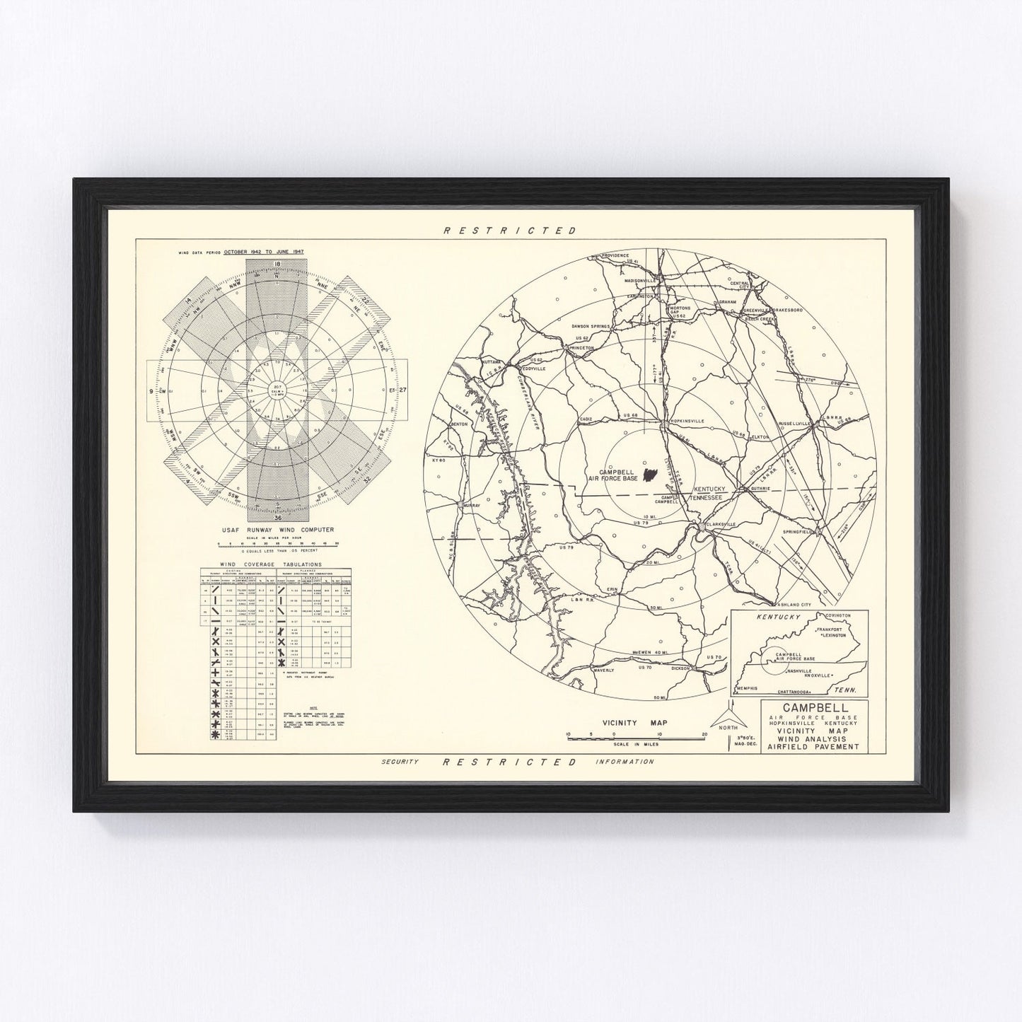 Vintage map of Campbell Air Force Base vicinity, 1952, Cold War era