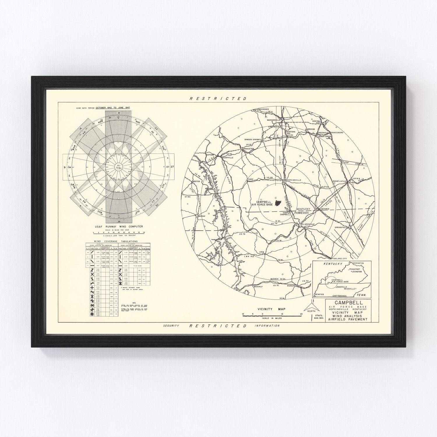 Vintage map of Campbell Air Force Base vicinity, 1952, Cold War era