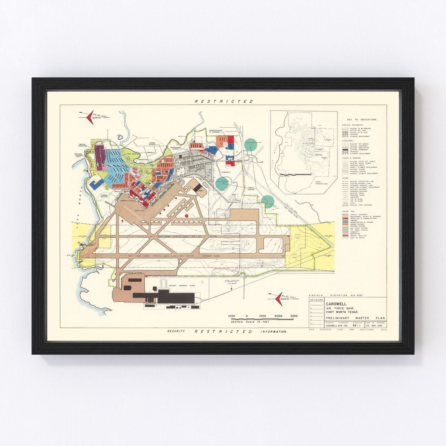 Vintage map of Carswell Air Force Base, Texas, 1952, restored vintage wall art print
