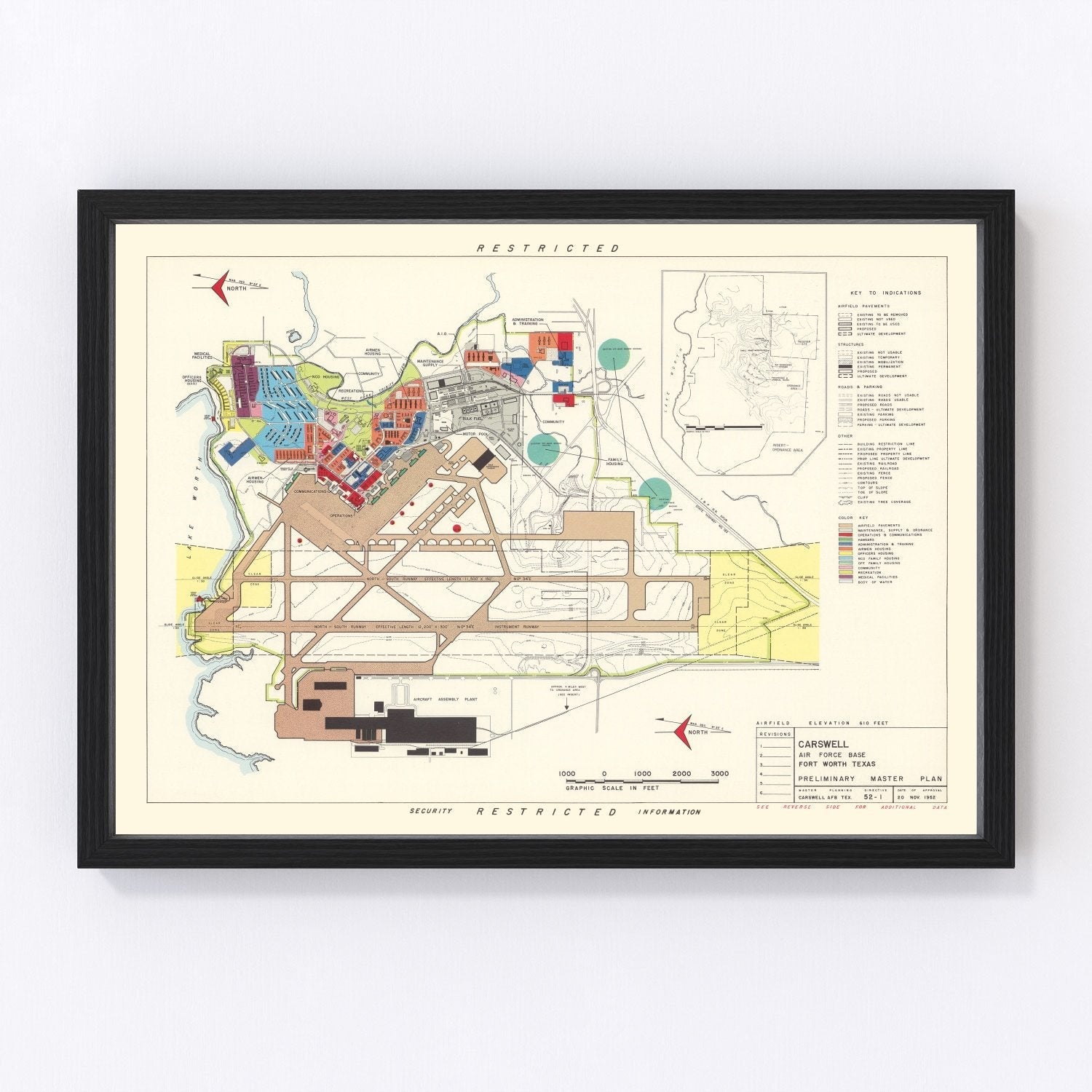 Vintage map of Carswell Air Force Base, Texas, 1952, restored vintage wall art print