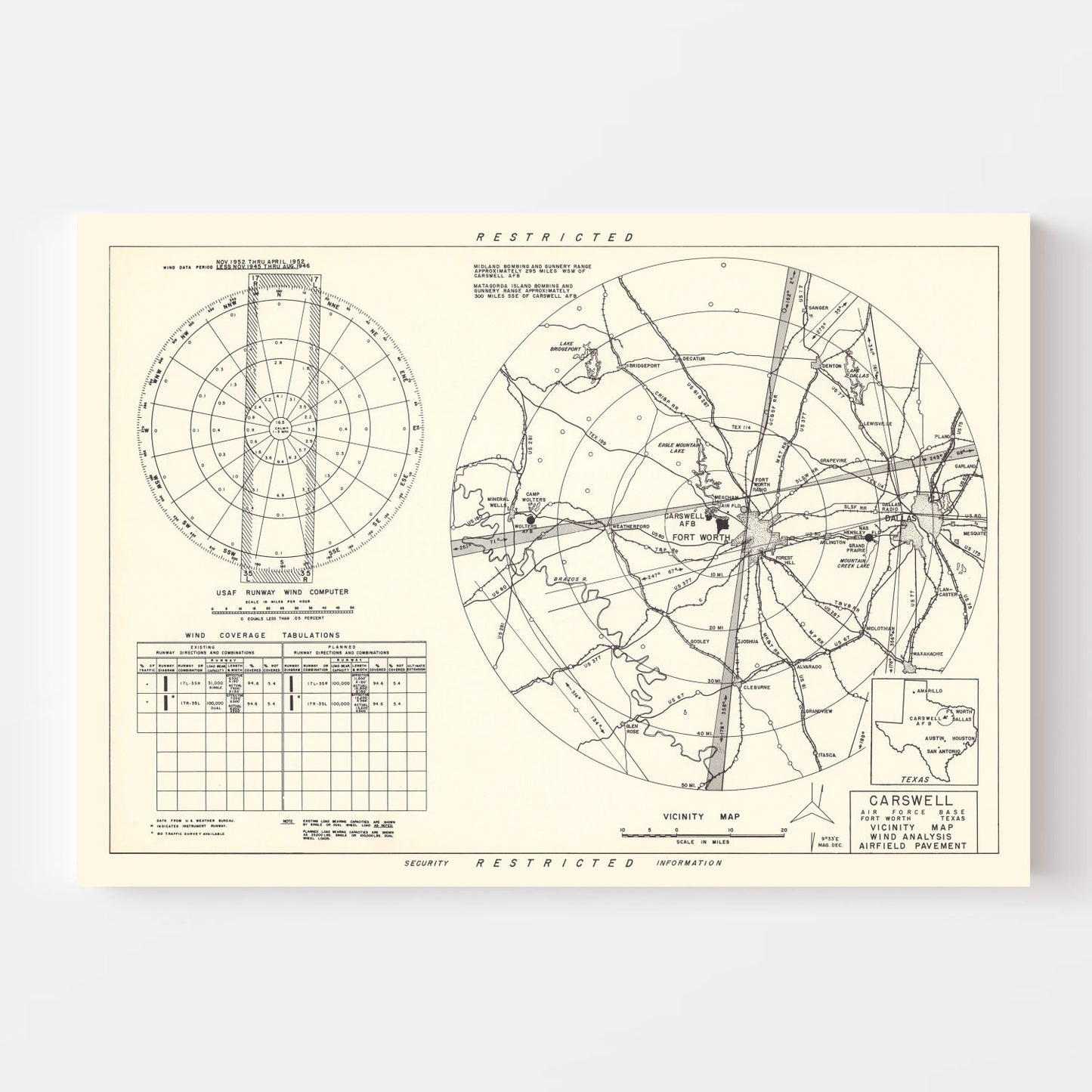 Vintage Map of Carswell Air Force Base Vicinity, Texas 1952