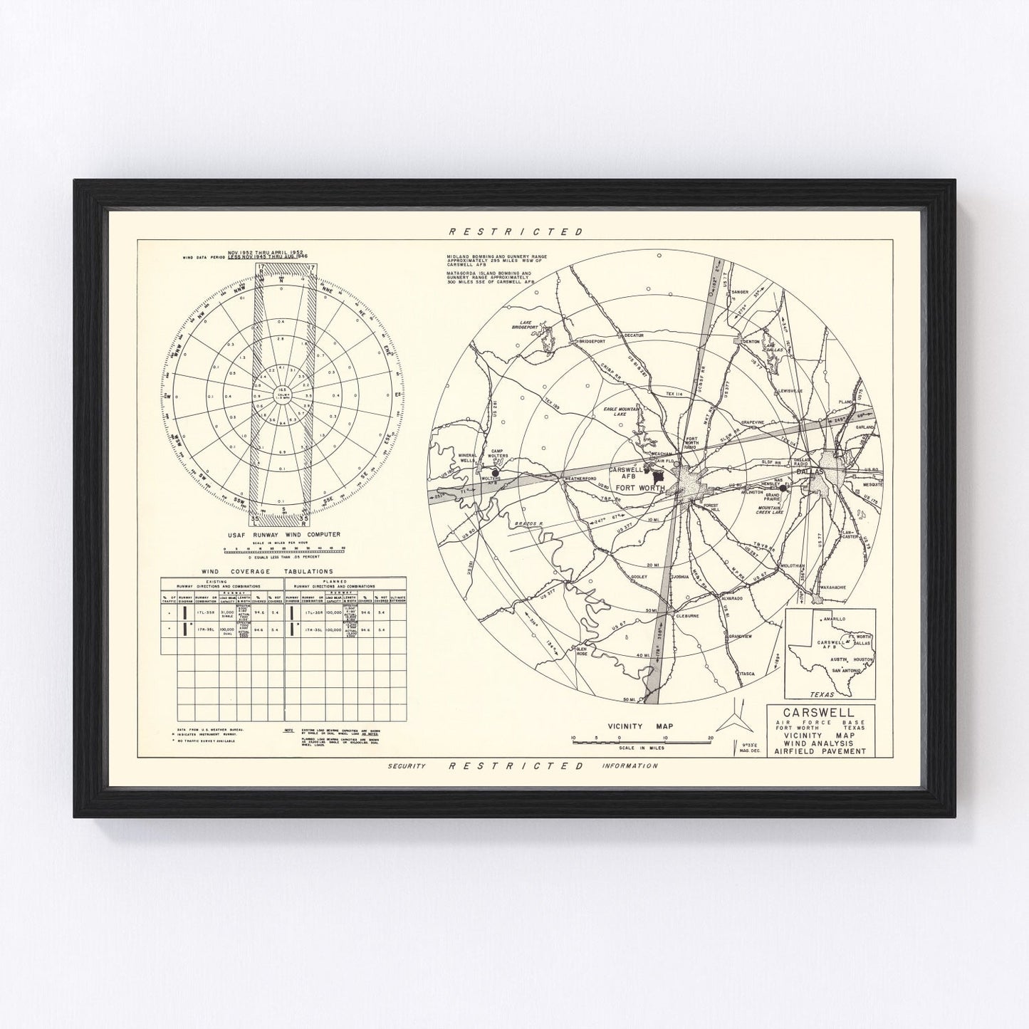 vintage map of Carswell Air Force Base vicinity, Fort Worth, Texas, 1952