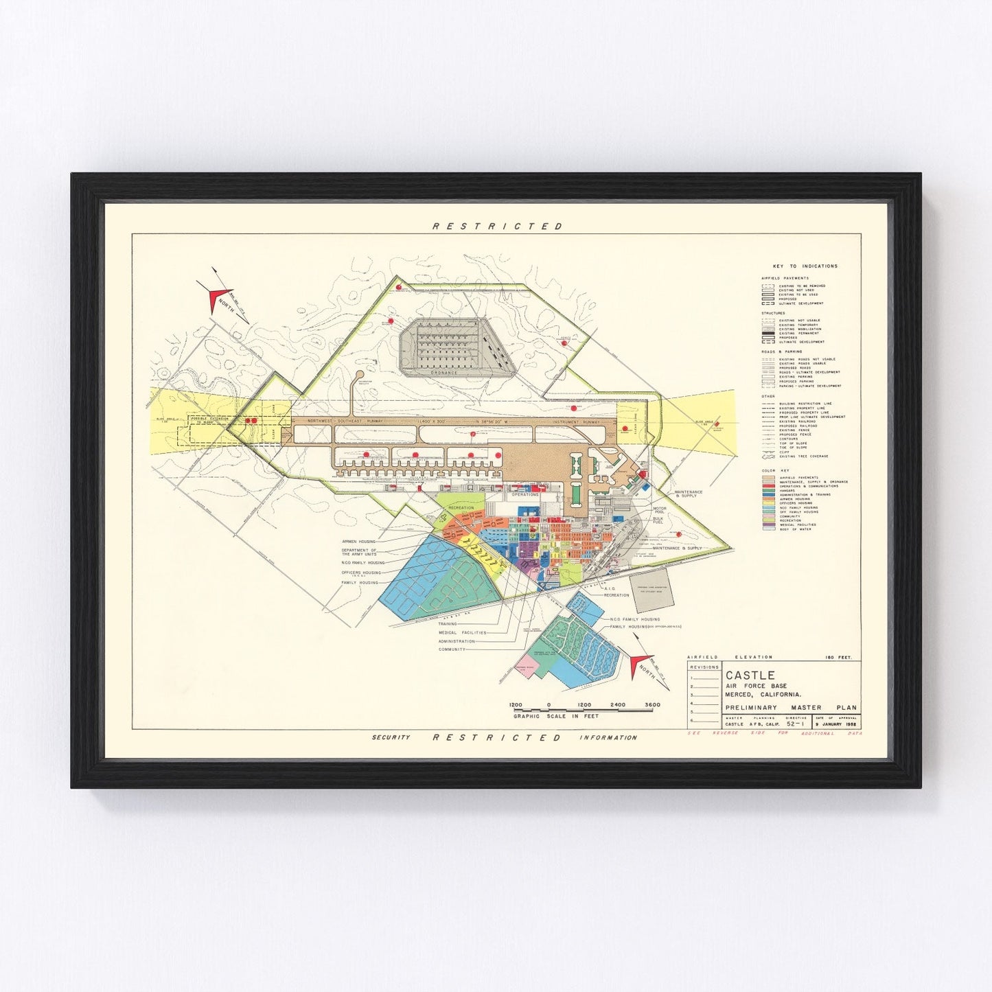 Vintage map of Castle Air Force Base, California, 1952, restored vintage wall art print