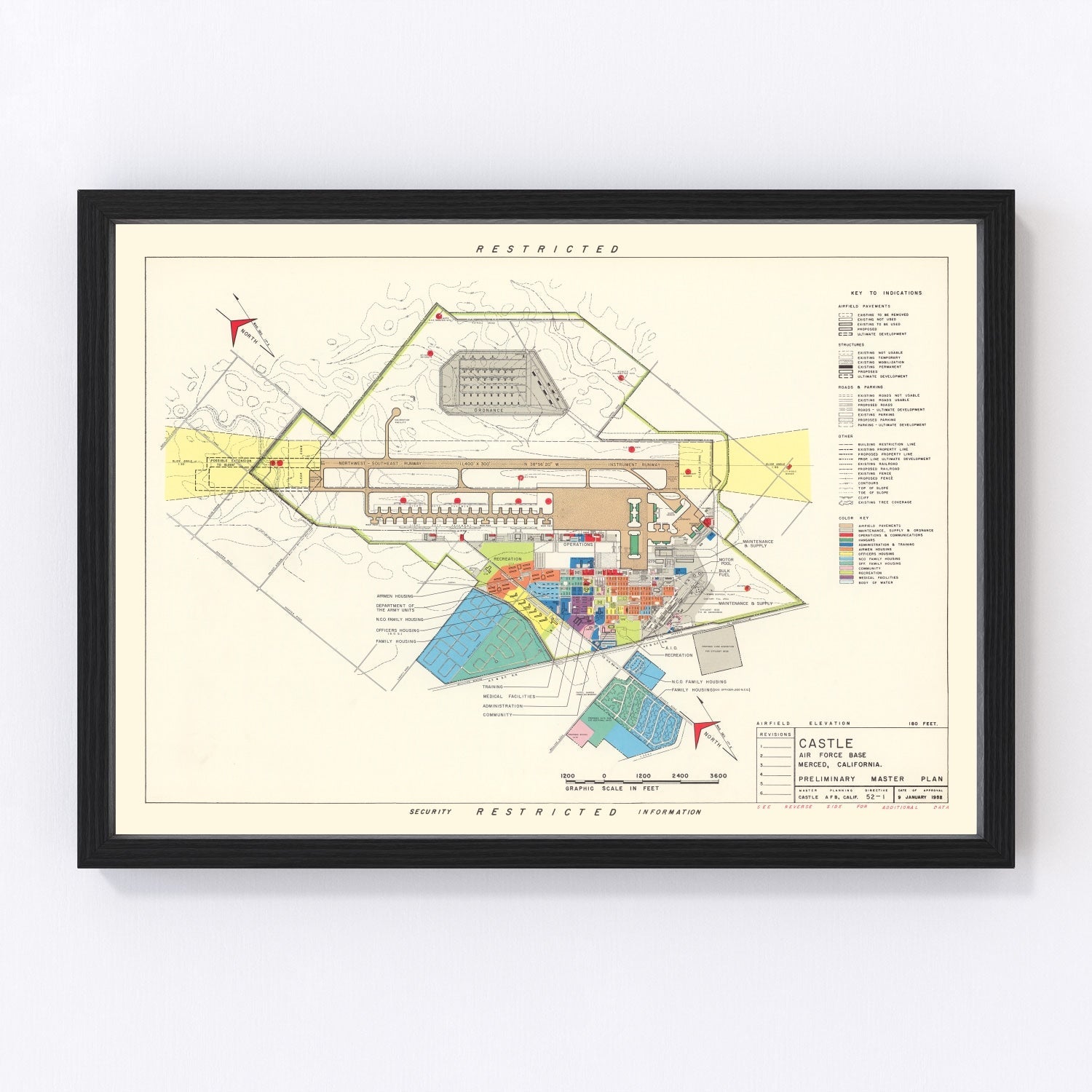 Vintage map of Castle Air Force Base, California, 1952, restored vintage wall art print