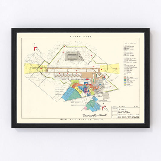 Vintage map of Castle Air Force Base, California, 1952, restored vintage wall art print