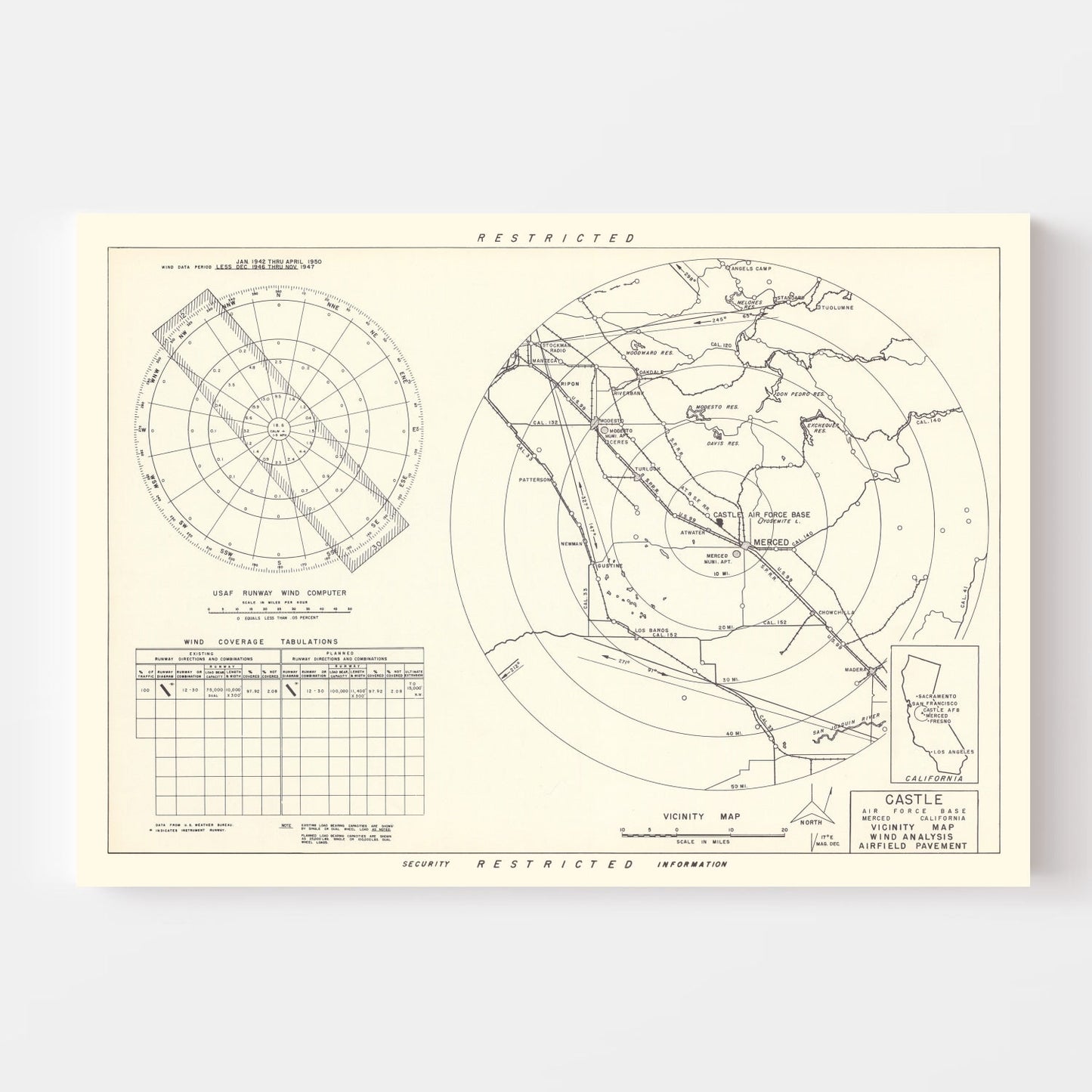 Vintage Map of Castle Air Force Base Vicinity, California 1952