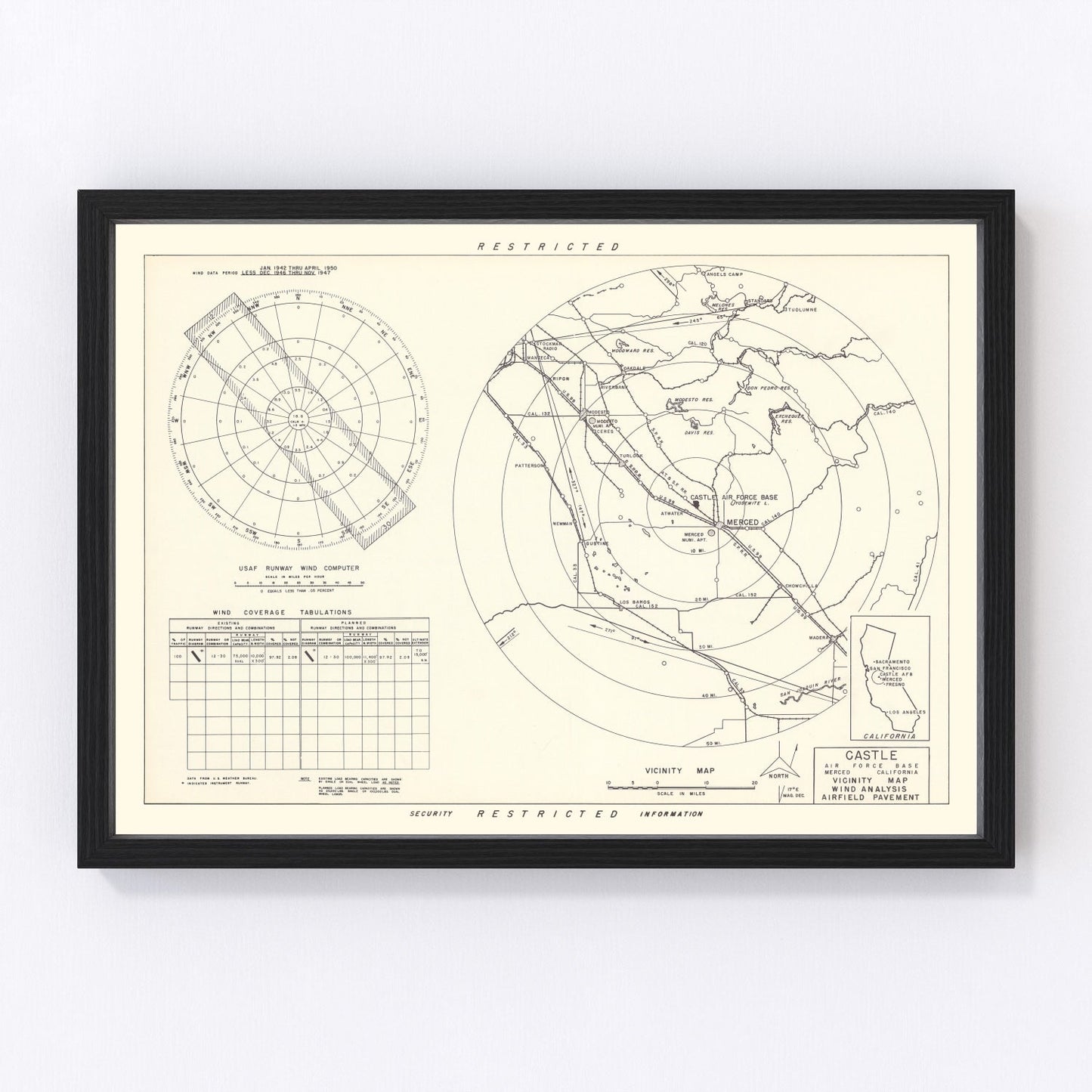 vintage map of Castle Air Force Base vicinity, Merced County, California, 1952