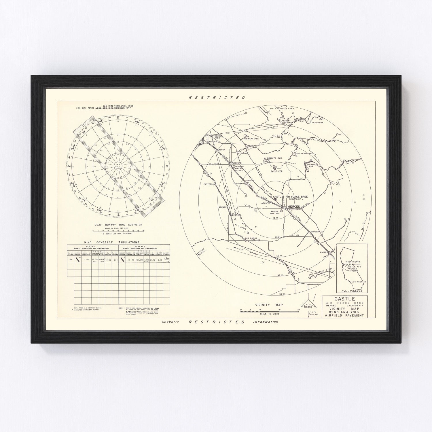 vintage map of Castle Air Force Base vicinity, Merced County, California, 1952