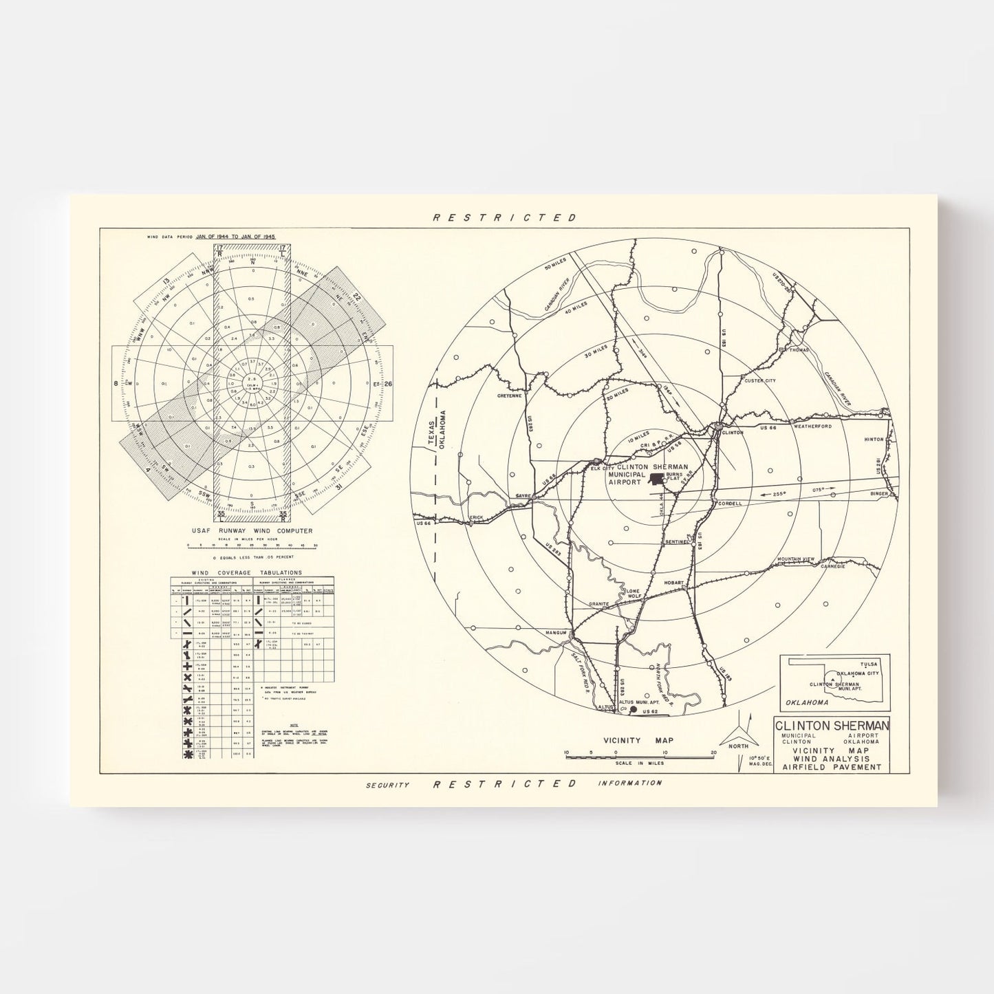 Vintage Map of Clinton Sherman Municipal Airport Vicinity, Oklahoma 1952