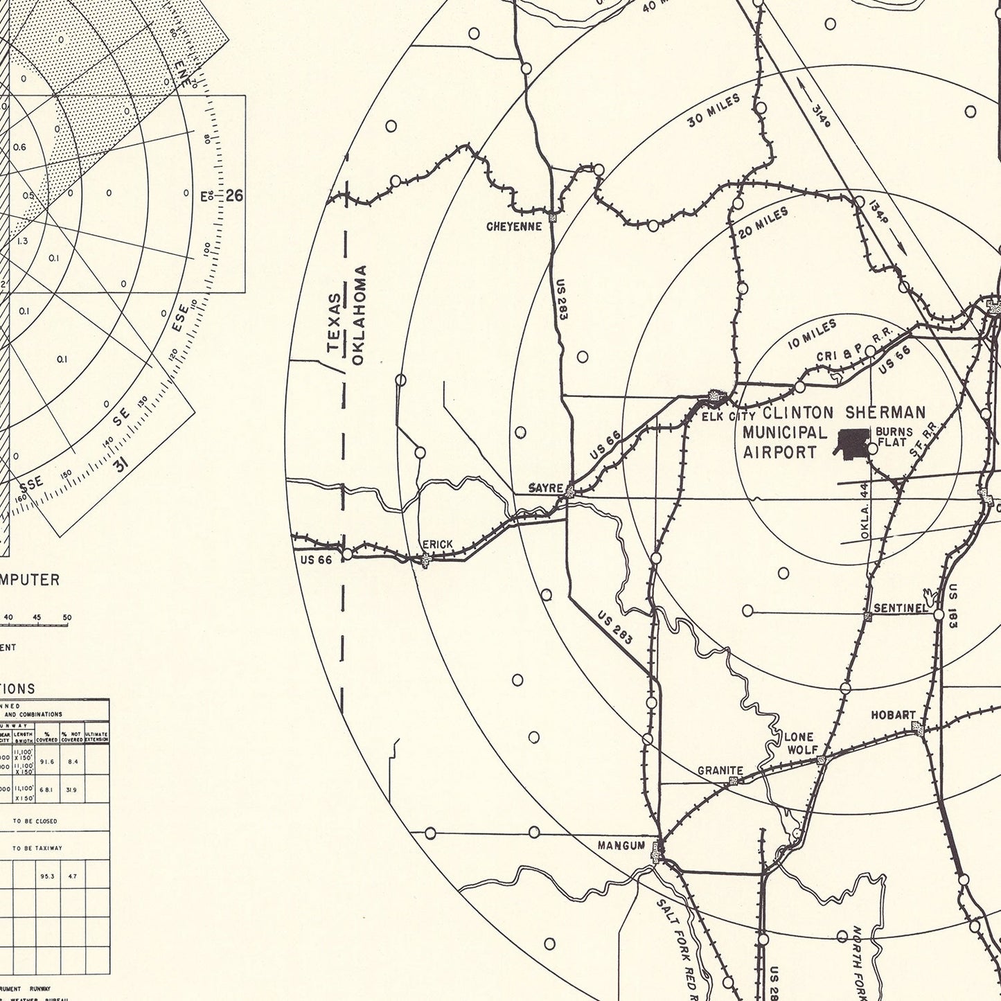 Vintage Map of Clinton Sherman Municipal Airport Vicinity, Oklahoma 1952