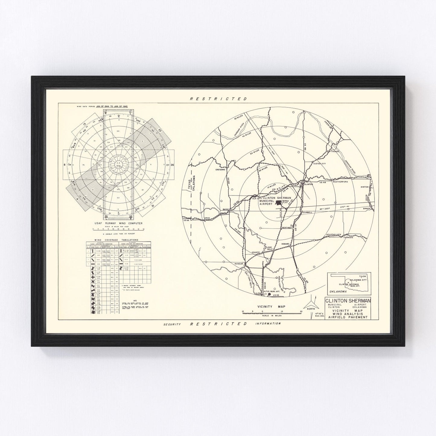 vintage map of Clinton Sherman Municipal Airport vicinity, Oklahoma, 1952